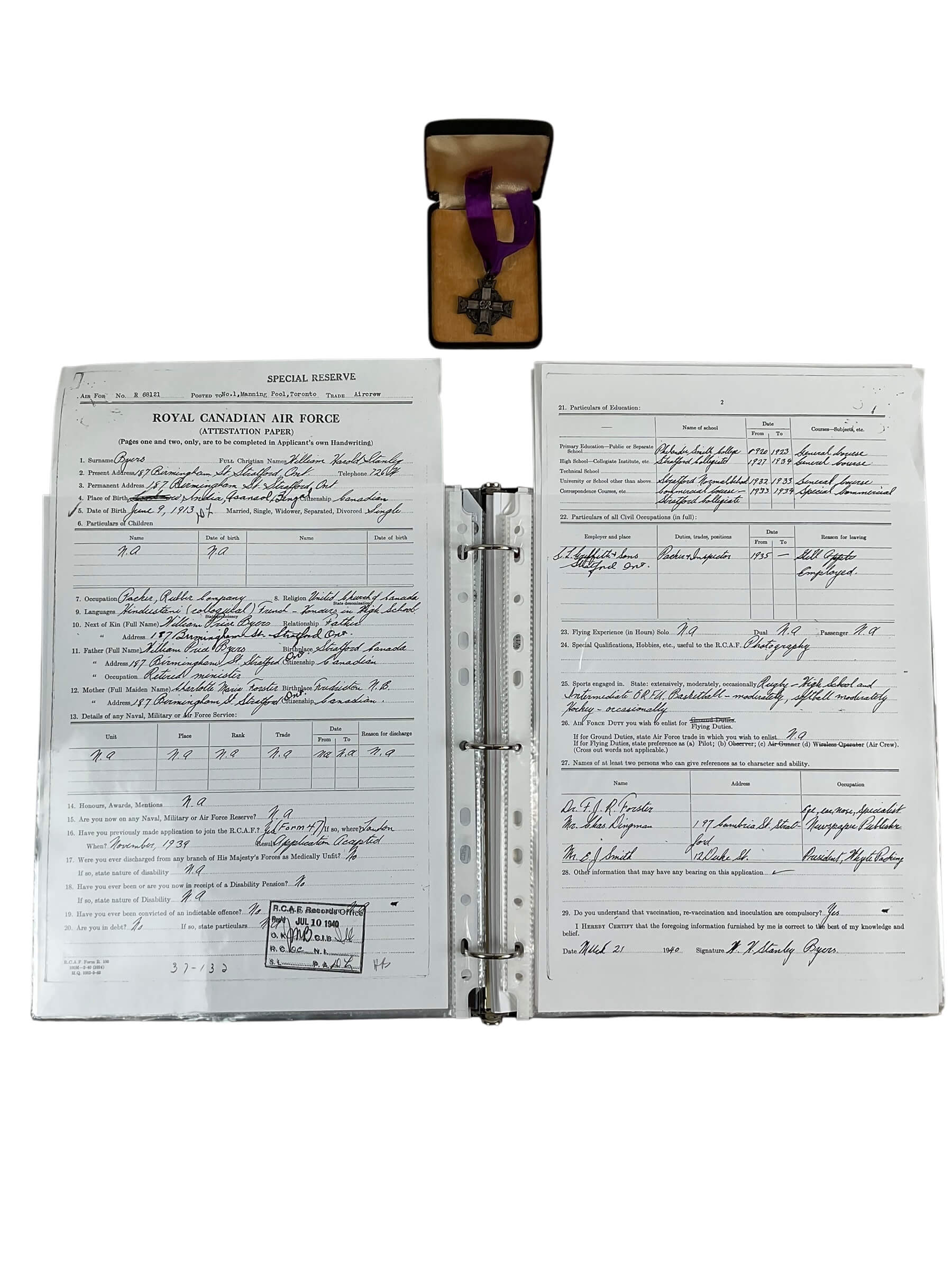 WW2 Canadian RCAF Memorial Cross F/S W.H.S. Byers KIA With Research WW2 Canadian RCAF Memorial Cross F/S W.H.S. Byers KIA With Research