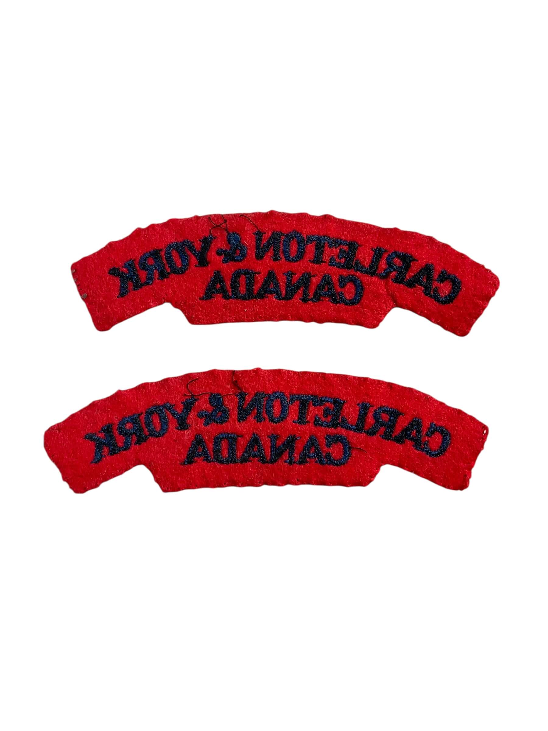 WW2 Canadian Carleton and York Regiment British Made Starch Back Shoulder Titles Insignia Pair WW2 Canadian Carleton and York Regiment British Made Starch Back Shoulder Titles Insignia Pair