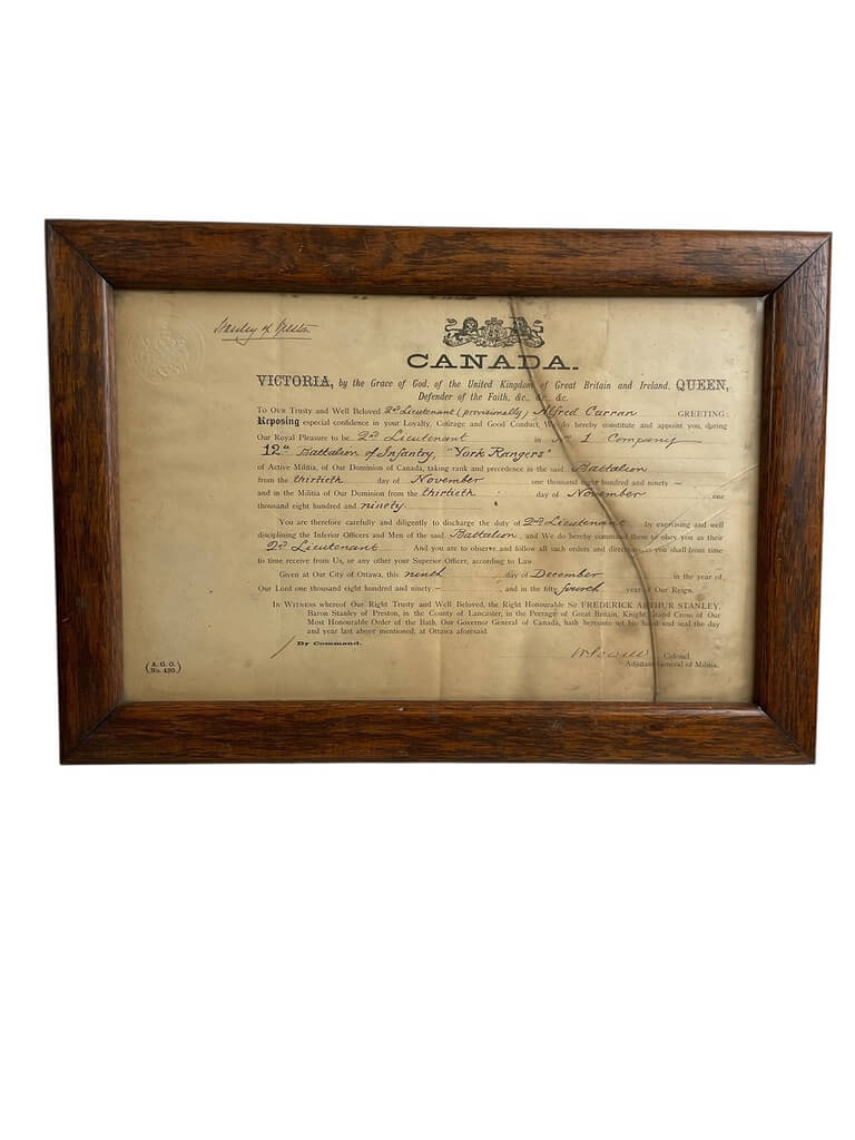 Canadian 12th York Rangers Officers Commision Framed 1890 Dated 18" X 12 1/2" Canadian 12th York Rangers Officers Commision Framed 1890 Dated 18" X 12 1/2"