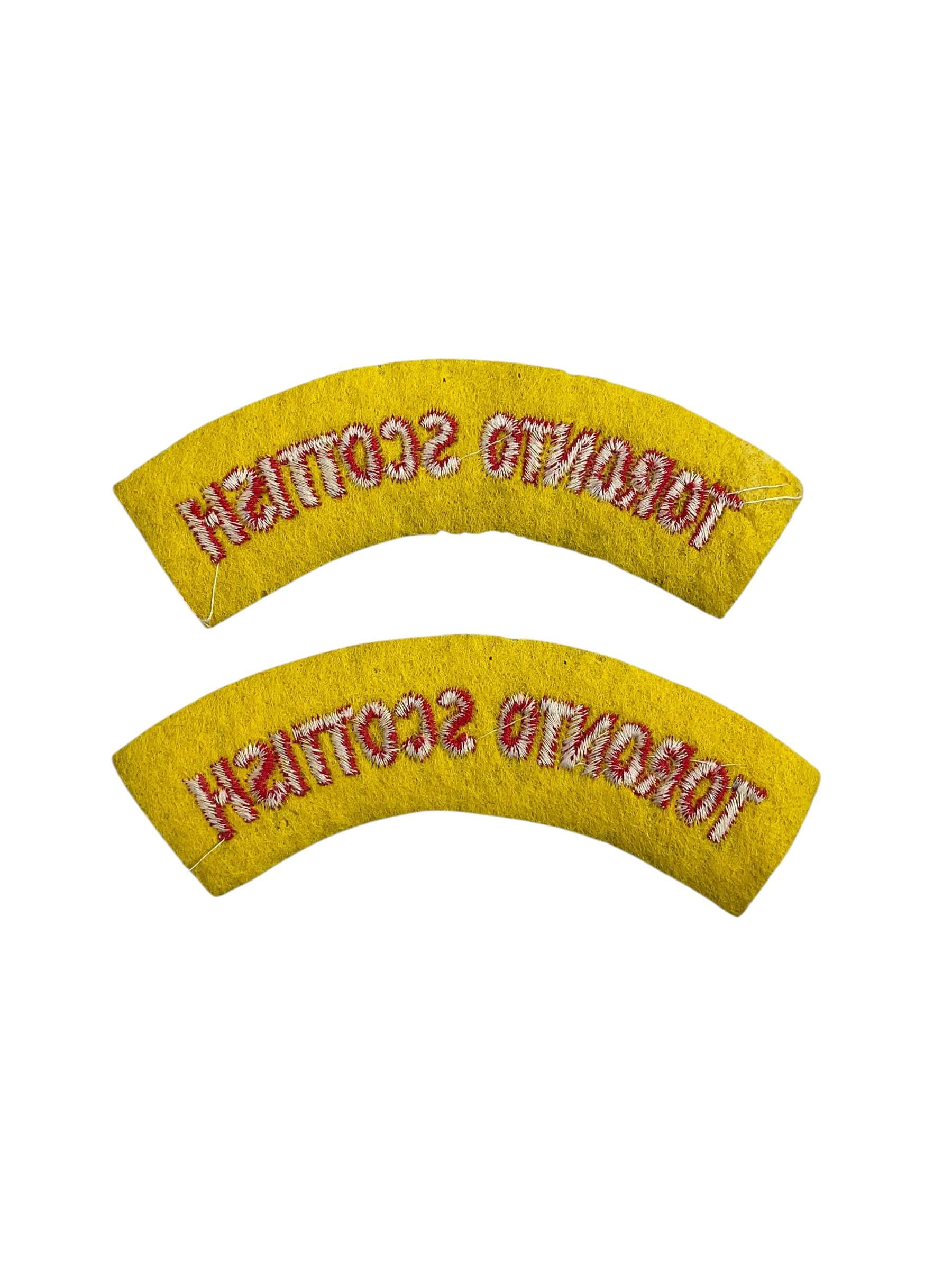 WW2 Canadian Toronto Scottish British Made Starch Back Shoulder Titles Insignia Pair WW2 Canadian Toronto Scottish British Made Starch Back Shoulder Titles Insignia Pair