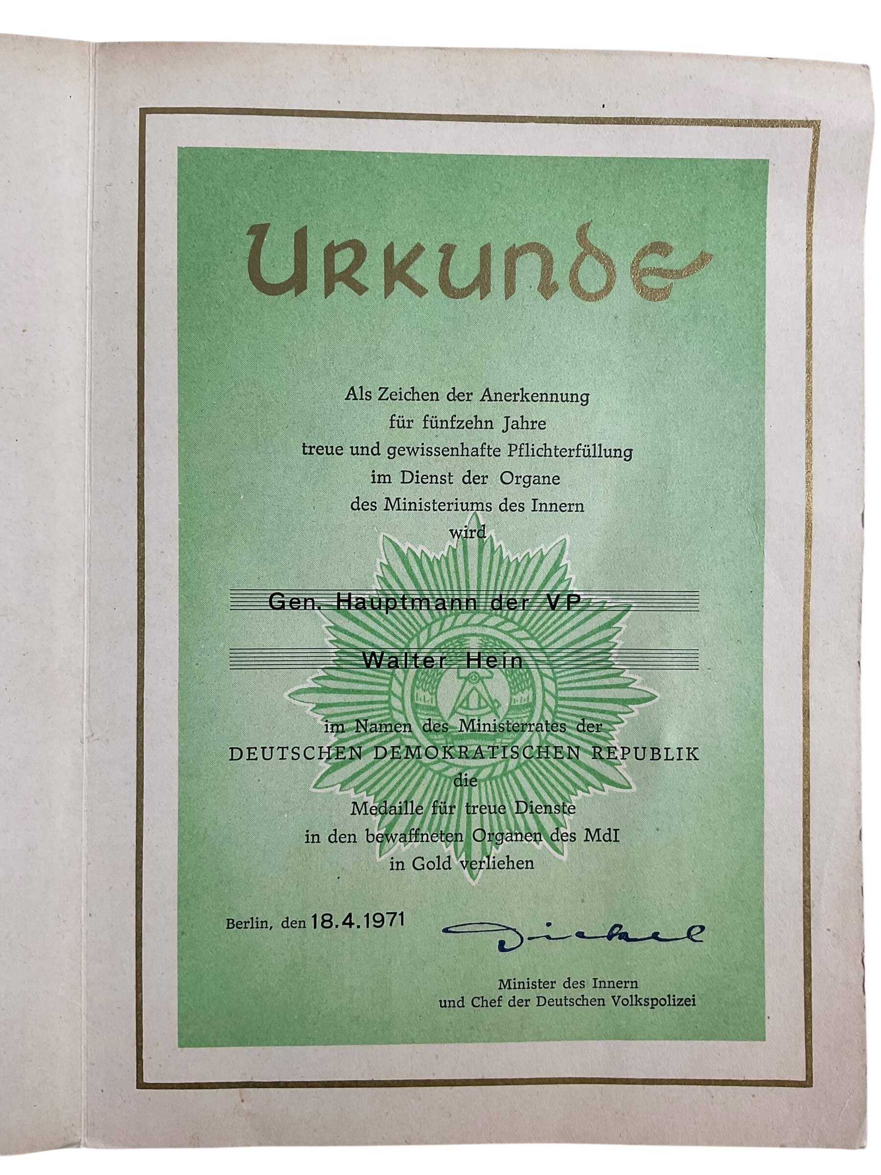 East German DDR Faithful Service Full Size Medal With Ribbon Bar and Document East German DDR Faithful Service Full Size Medal With Ribbon Bar and Document