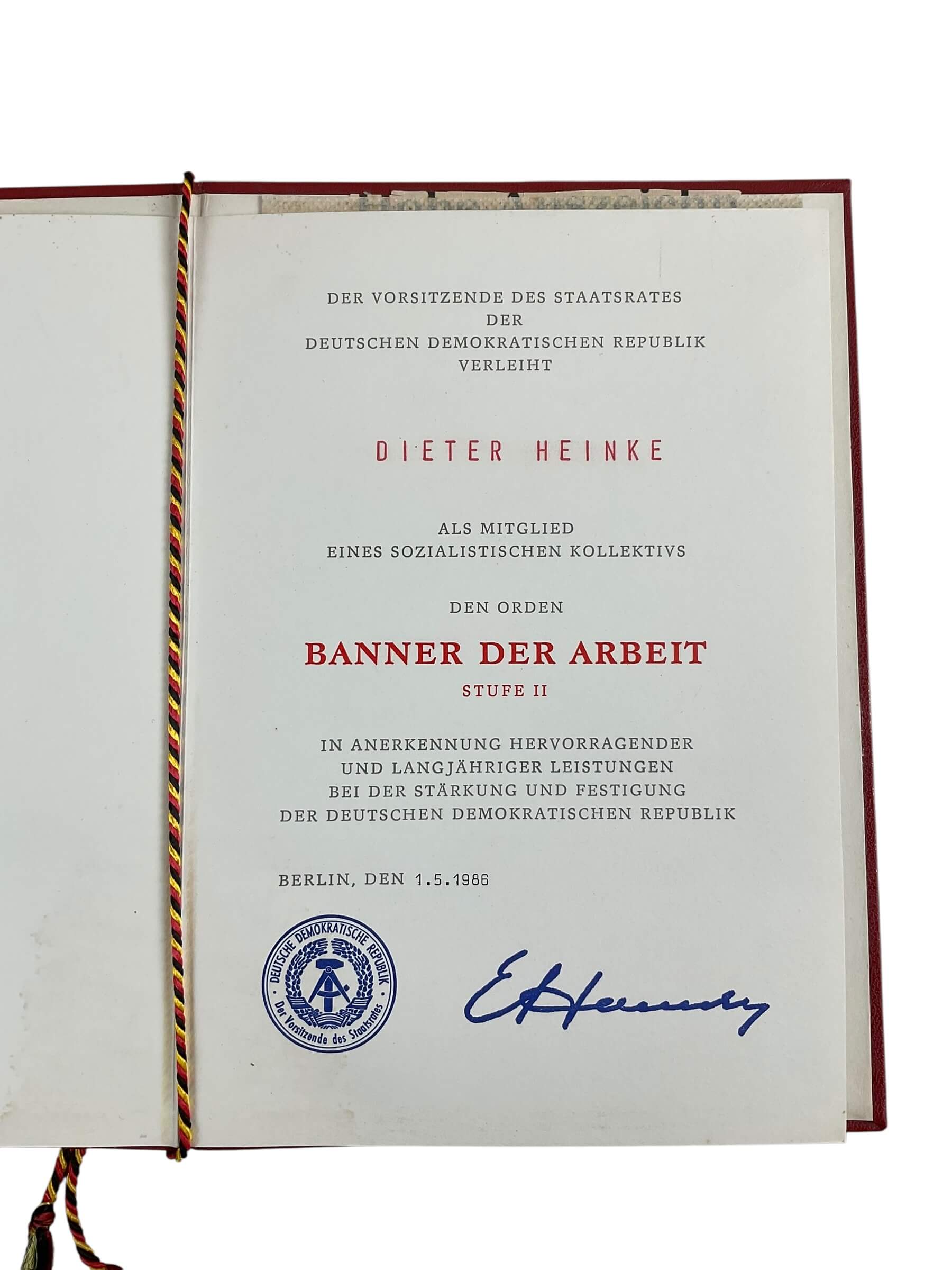 East German GDR Banner of Labor Full Size Medal With Ribbon Bar and Documents East German GDR Banner of Labor Full Size Medal With Ribbon Bar and Documents