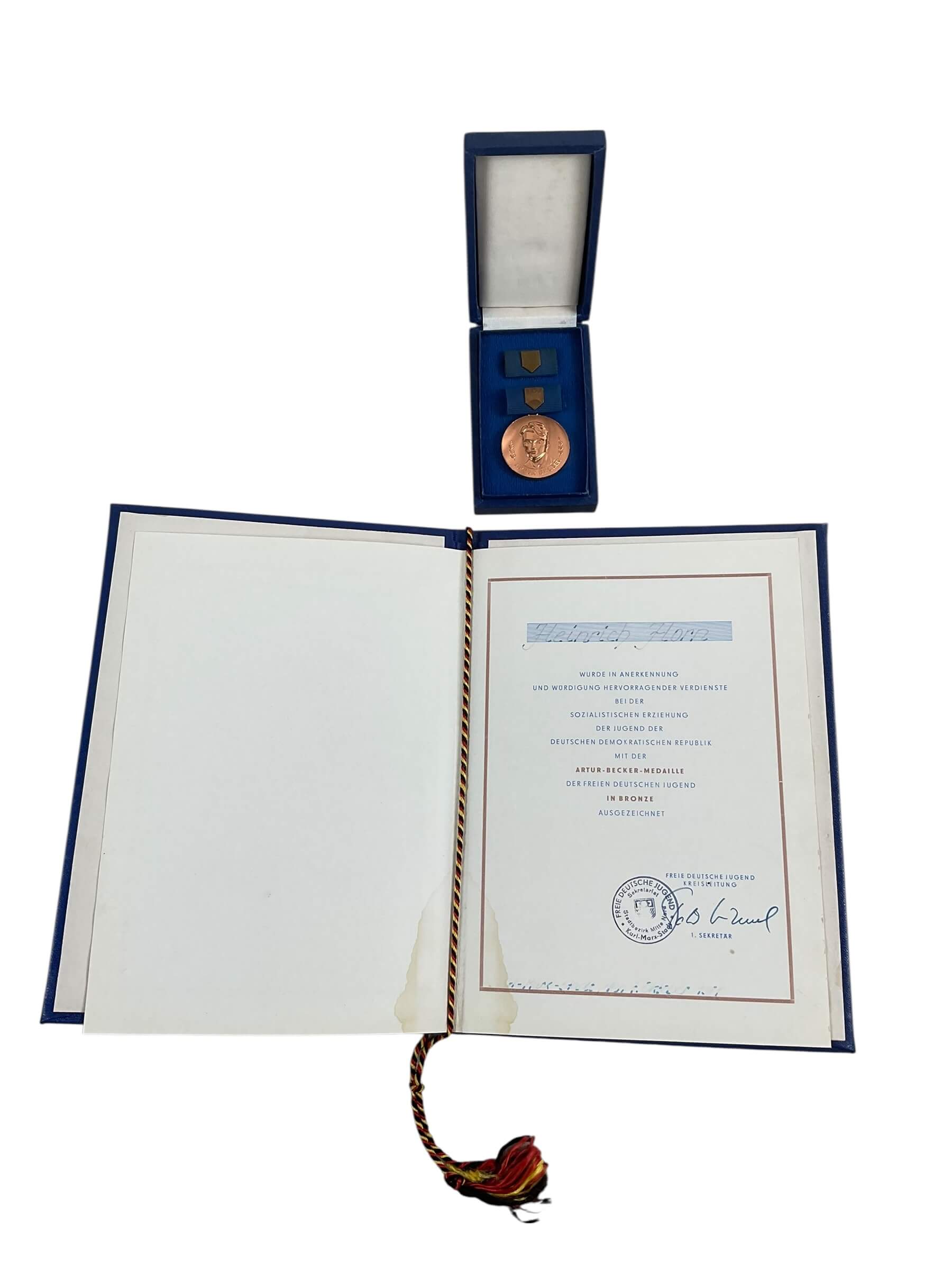 East German GDR Artur Becker Full Size Medal With Ribbon Bar and Document East German GDR Artur Becker Full Size Medal With Ribbon Bar and Document