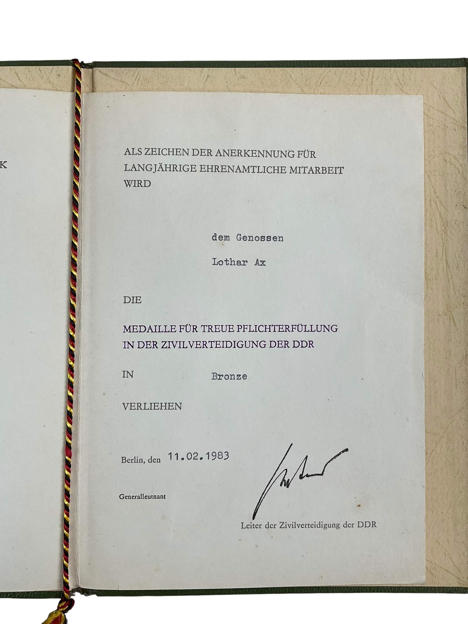 East German GDR/DDR Civil Defense Full Size Medal With Ribbon Bar and Document East German GDR/DDR Civil Defense Full Size Medal With Ribbon Bar and Document