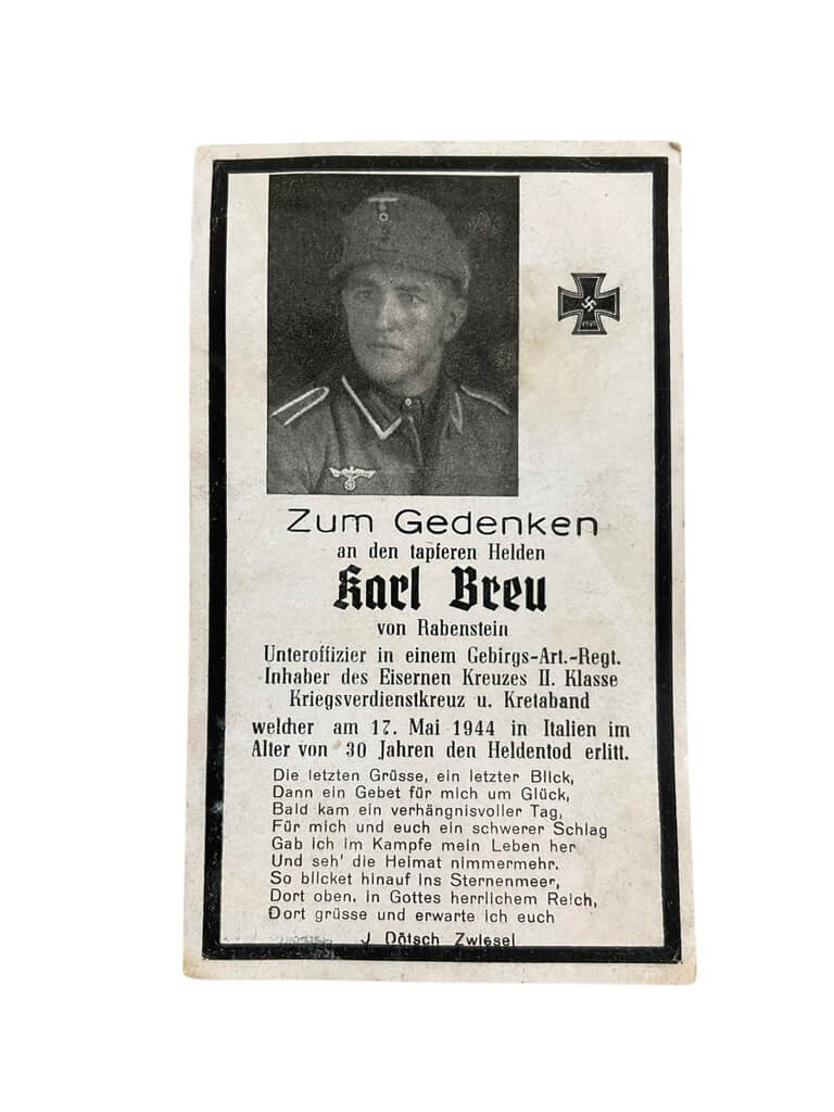 WW2 German Karl Brue Gebirgsjager Artillery Death Card WW2 German Karl Brue Gebirgsjager Artillery Death Card