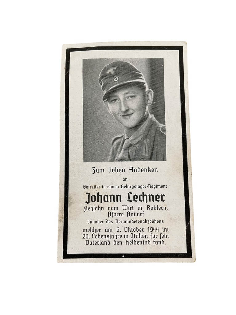 WW2 German Johann Lechner Gebirgsjäger Regiment Death Card WW2 German Johann Lechner Gebirgsjäger Regiment Death Card
