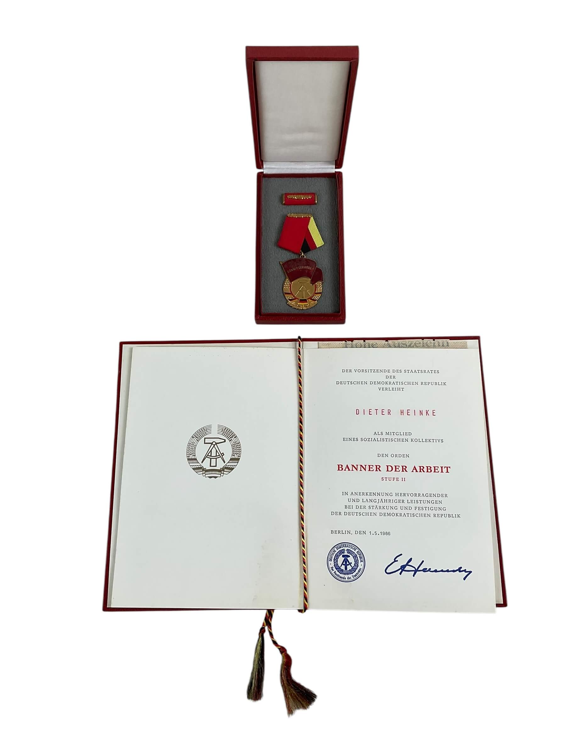 East German GDR Banner of Labor Full Size Medal With Ribbon Bar and Documents East German GDR Banner of Labor Full Size Medal With Ribbon Bar and Documents