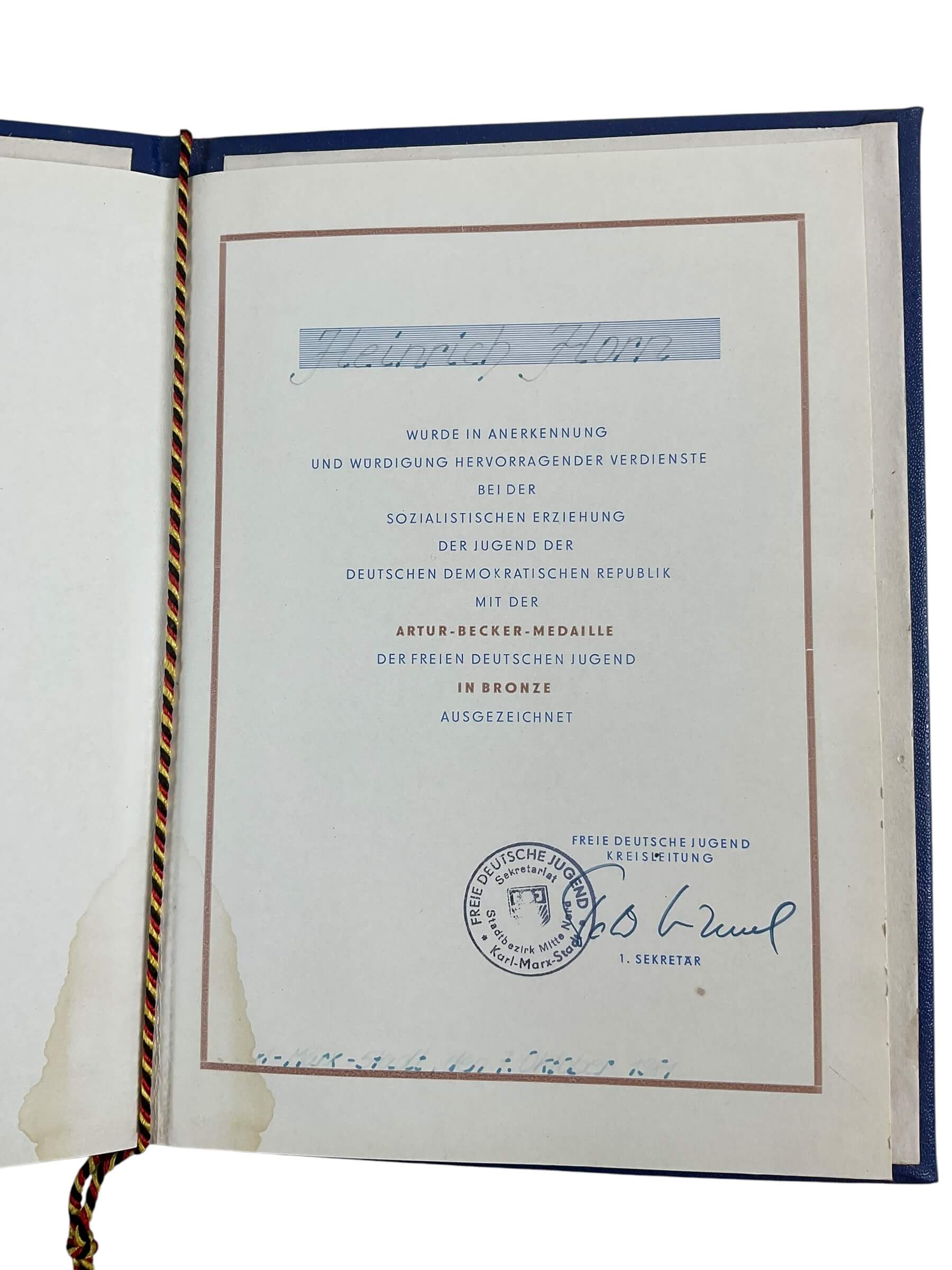 East German GDR Artur Becker Full Size Medal With Ribbon Bar and Document East German GDR Artur Becker Full Size Medal With Ribbon Bar and Document