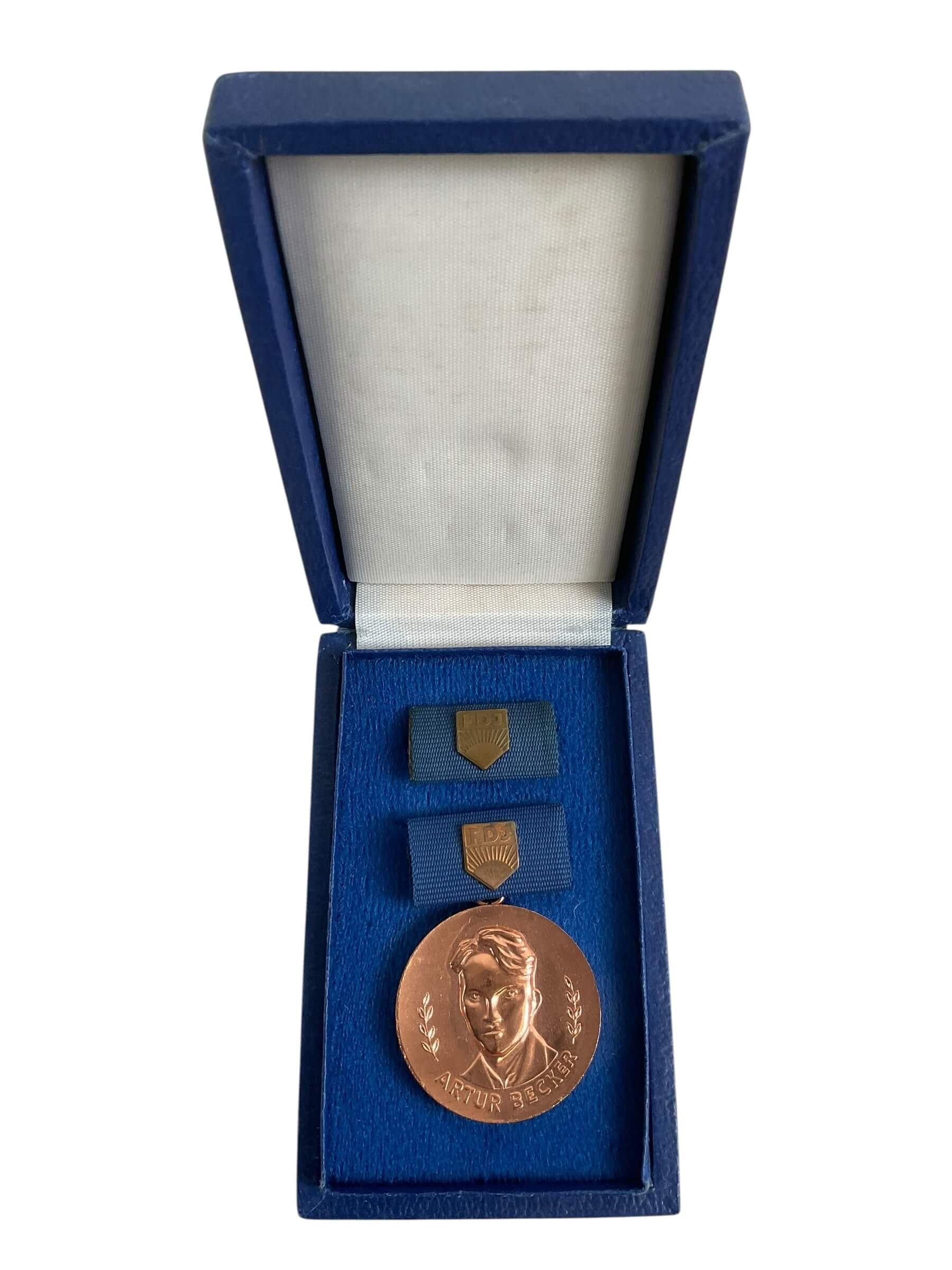 East German GDR Artur Becker Full Size Medal With Ribbon Bar and Document East German GDR Artur Becker Full Size Medal With Ribbon Bar and Document