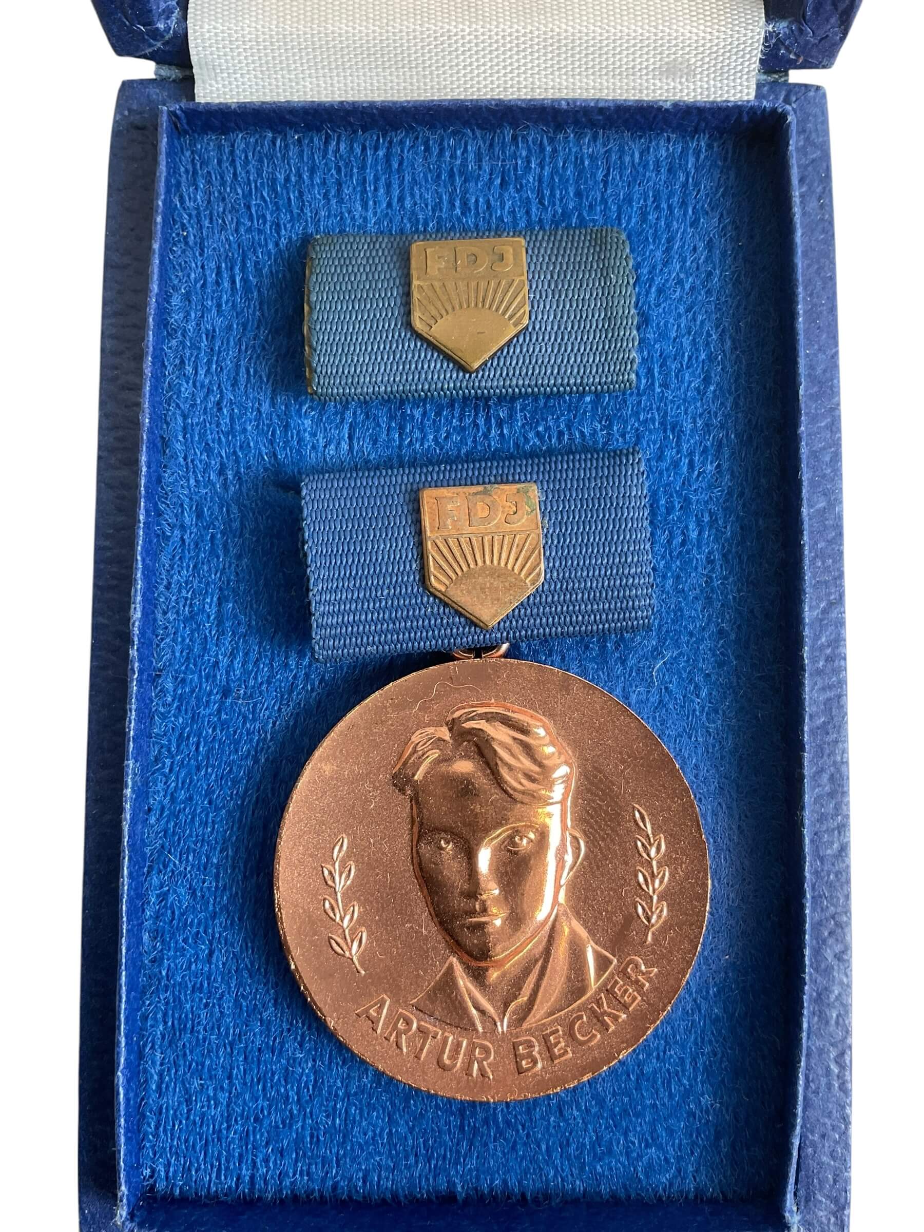 East German GDR Artur Becker Full Size Medal With Ribbon Bar and Document East German GDR Artur Becker Full Size Medal With Ribbon Bar and Document