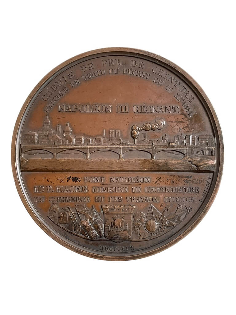 French Napoleonic Railway from Pairs to the Mediterranean 1855 Napoleon 3rd Bronze Medallion French Napoleonic Railway from Pairs to the Mediterranean 1855 Napoleon 3rd Bronze Medallion