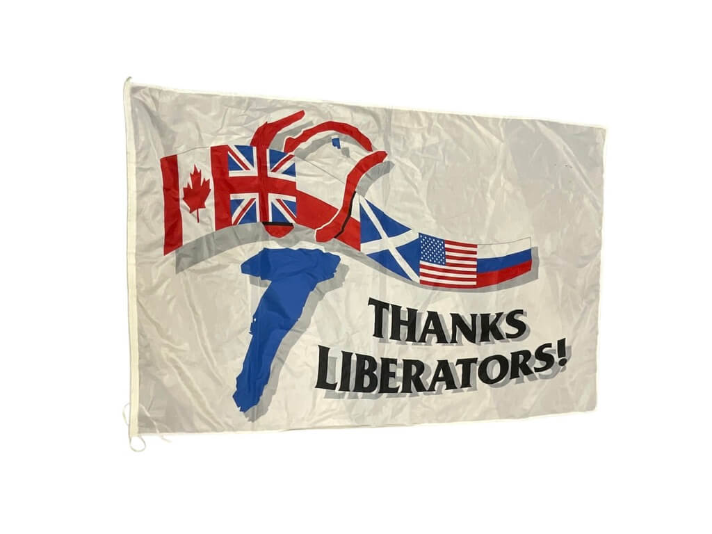 British Canadian US Thanks Liberators! Nylon Flag 58" X 38" British Canadian US Thanks Liberators! Nylon Flag 58" X 38"