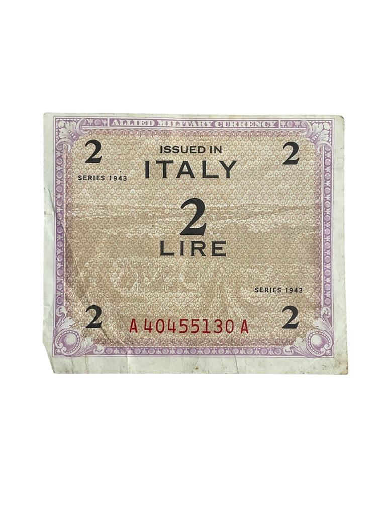 WW2 Italian 2 Lire Banknote Dated 1943 WW2 Italian 2 Lire Banknote Dated 1943