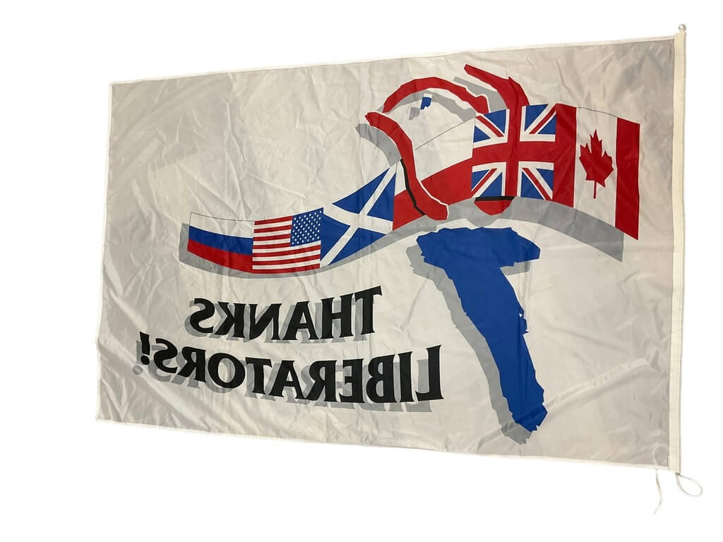 British Canadian US Thanks Liberators! Nylon Flag 58" X 38" British Canadian US Thanks Liberators! Nylon Flag 58" X 38"
