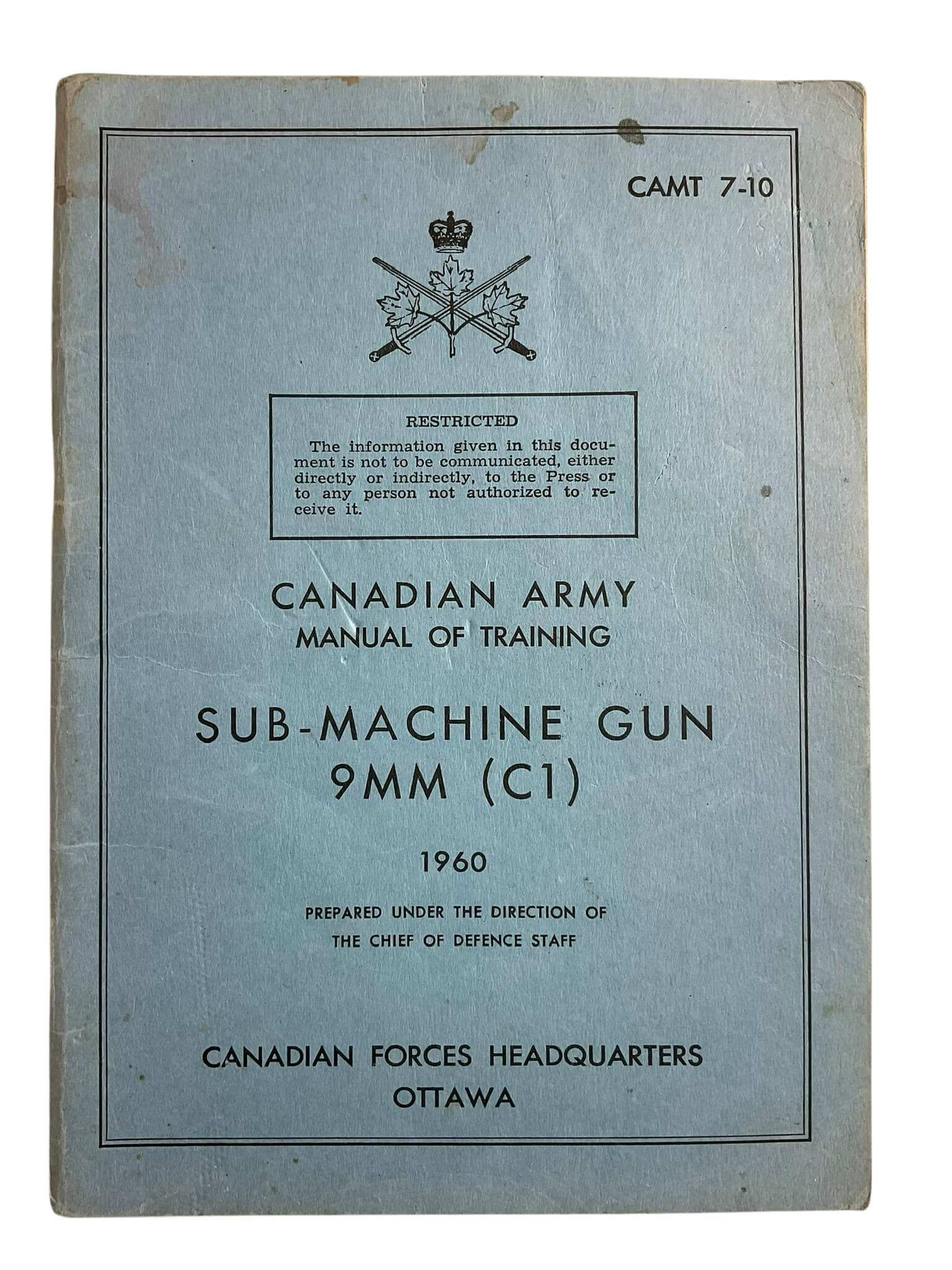 Canadian Army Sub-Machine Gun 9mm (C1) 1960 Used Softcover Reference Book Canadian Army Sub-Machine Gun 9mm (C1) 1960 Used Softcover Reference Book