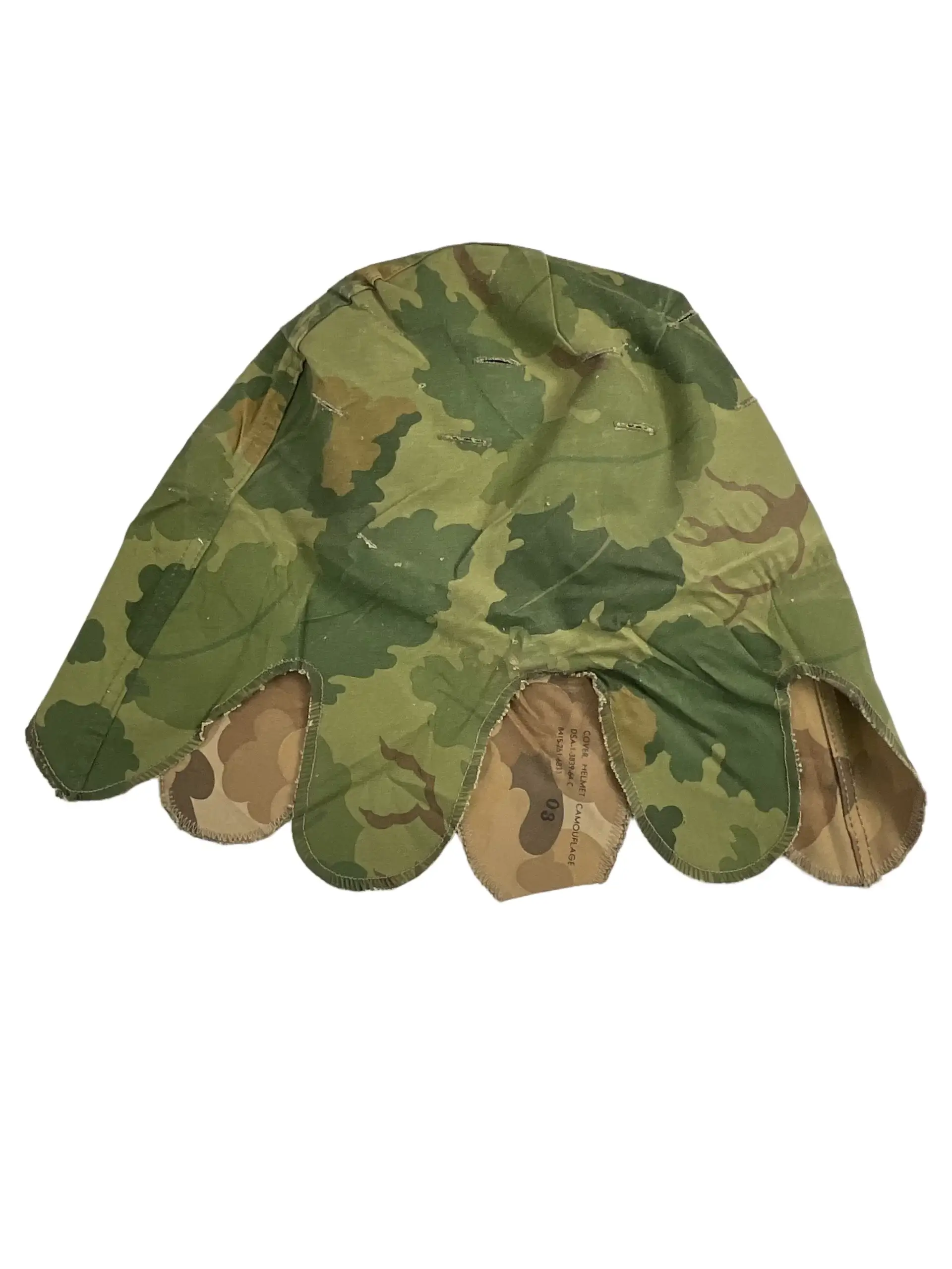 US Army M1 Rear Seam Swivel Bail Steel Helmet With Reversible Camouflage Cover 1964 and 1973 US Army M1 Rear Seam Swivel Bail Steel Helmet With Reversible Camouflage Cover 1964 and 1973