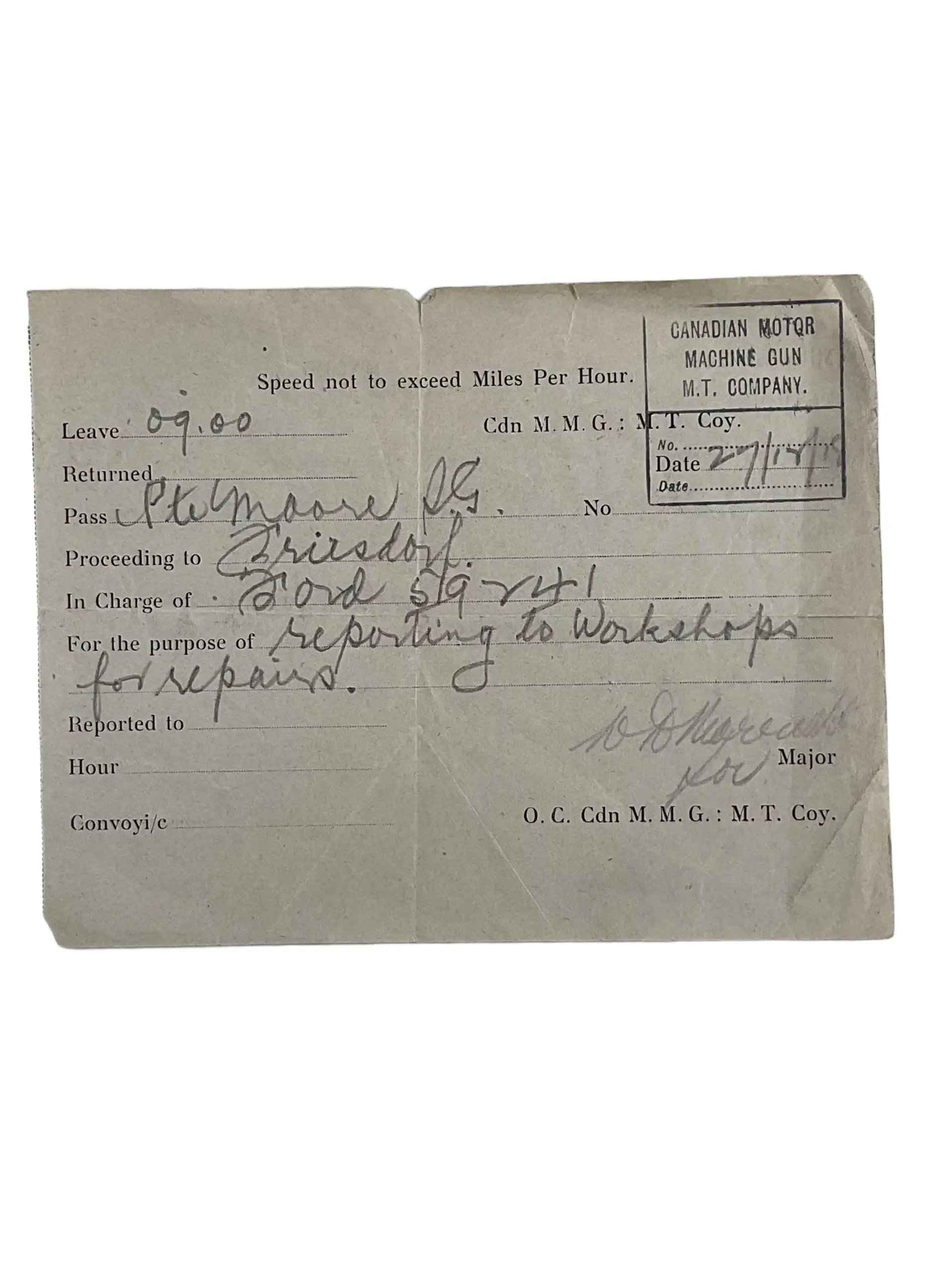 WW1 Canadian CEF Motor Machine Gun Company Pass Dated 1918 WW1 Canadian CEF Motor Machine Gun Company Pass Dated 1918