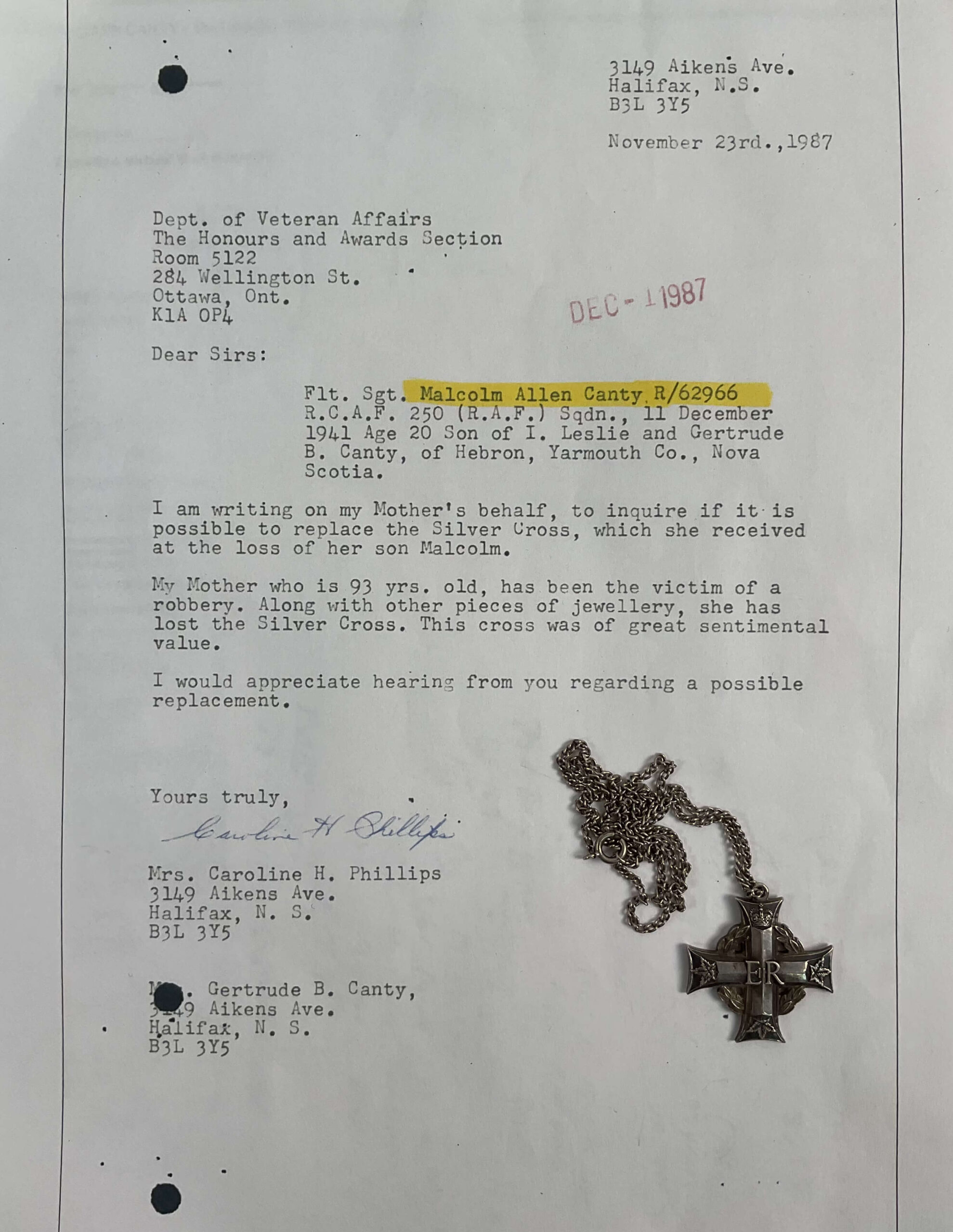 WW2 Canadian RCAF Memorial Cross Flight Sergeant Canty REPLACEMENT WW2 Canadian RCAF Memorial Cross Flight Sergeant Canty REPLACEMENT