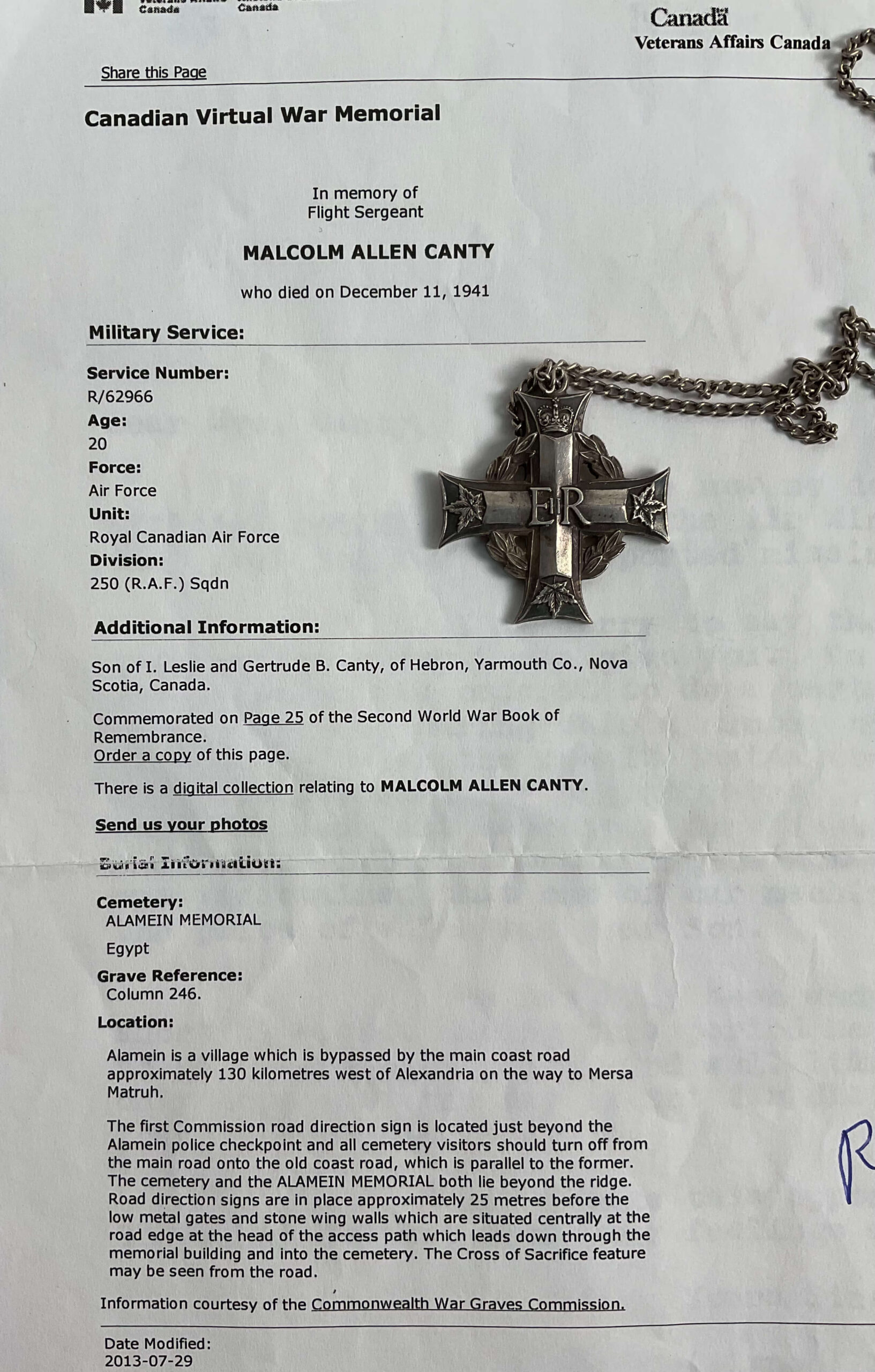 WW2 Canadian RCAF Memorial Cross Flight Sergeant Canty REPLACEMENT WW2 Canadian RCAF Memorial Cross Flight Sergeant Canty REPLACEMENT