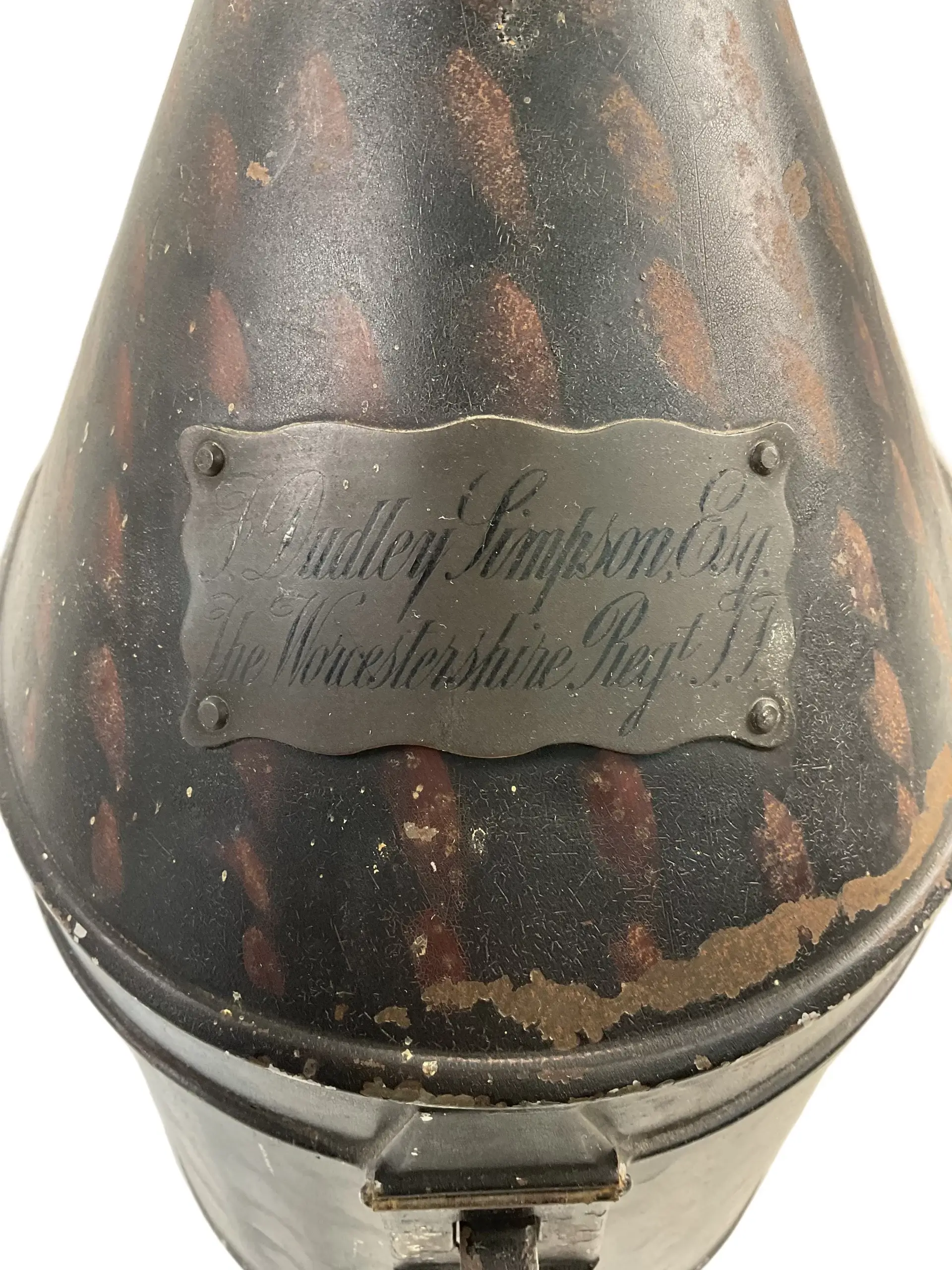 Pre WW1 British Officers Home Service Worcestershire Regiment Helmet Carrier Tin Pre WW1 British Officers Home Service Worcestershire Regiment Helmet Carrier Tin