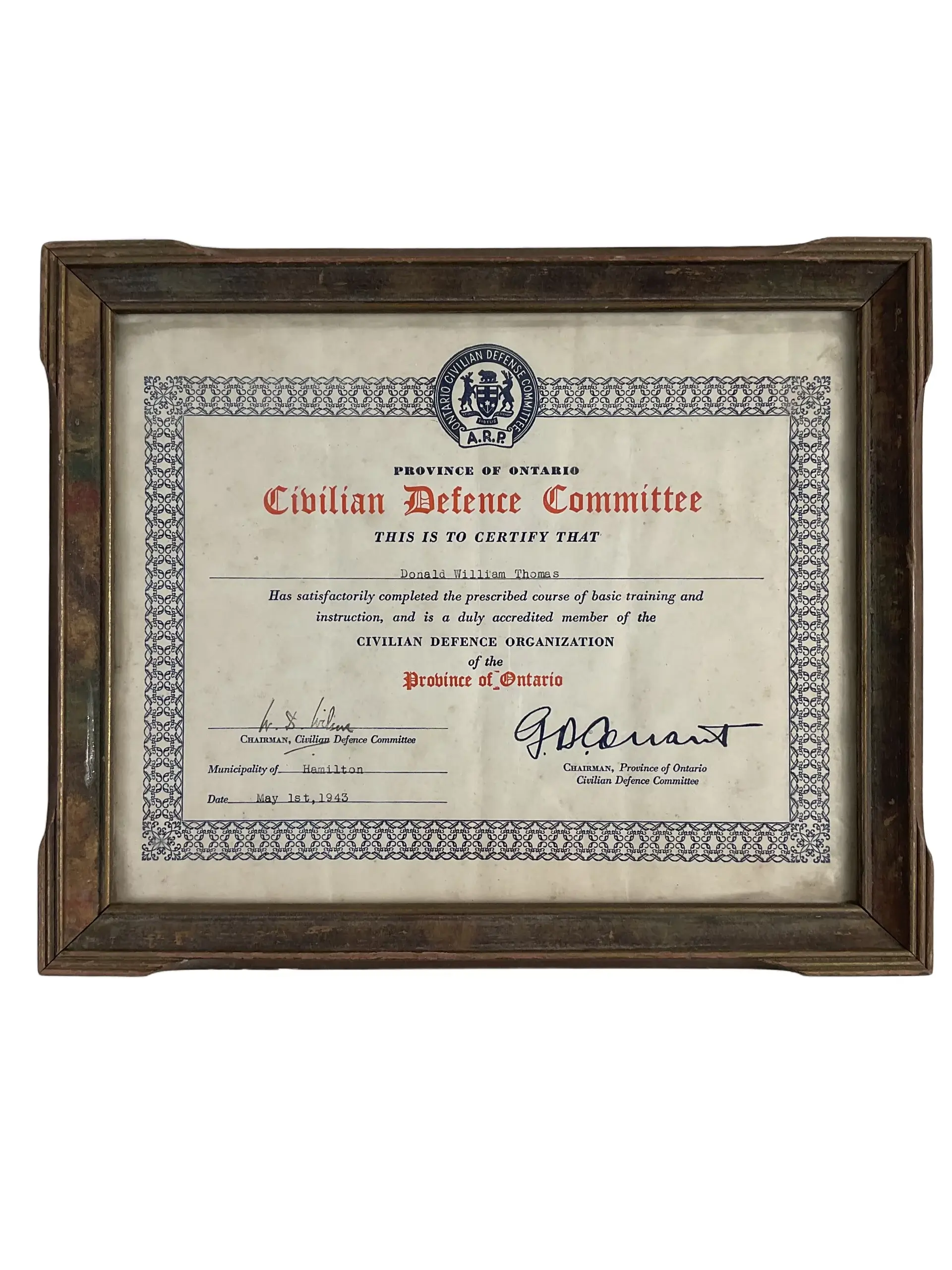 WW2 Canadian Ontario Civilian Defence Commitee Certificate Framed 9" X 11" WW2 Canadian Ontario Civilian Defence Commitee Certificate Framed 9" X 11"