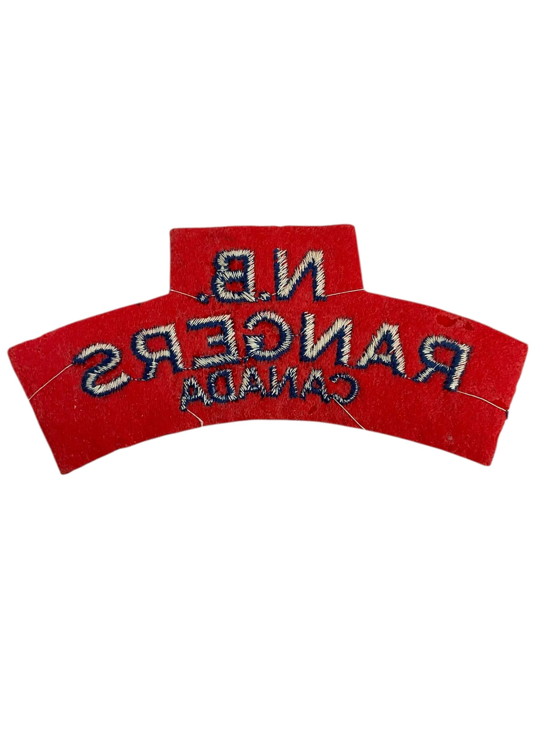 WW2 Canadian New Brunswick Rangers British Made Shoulder Title Insignia Single Starch Back WW2 Canadian New Brunswick Rangers British Made Shoulder Title Insignia Single Starch Back