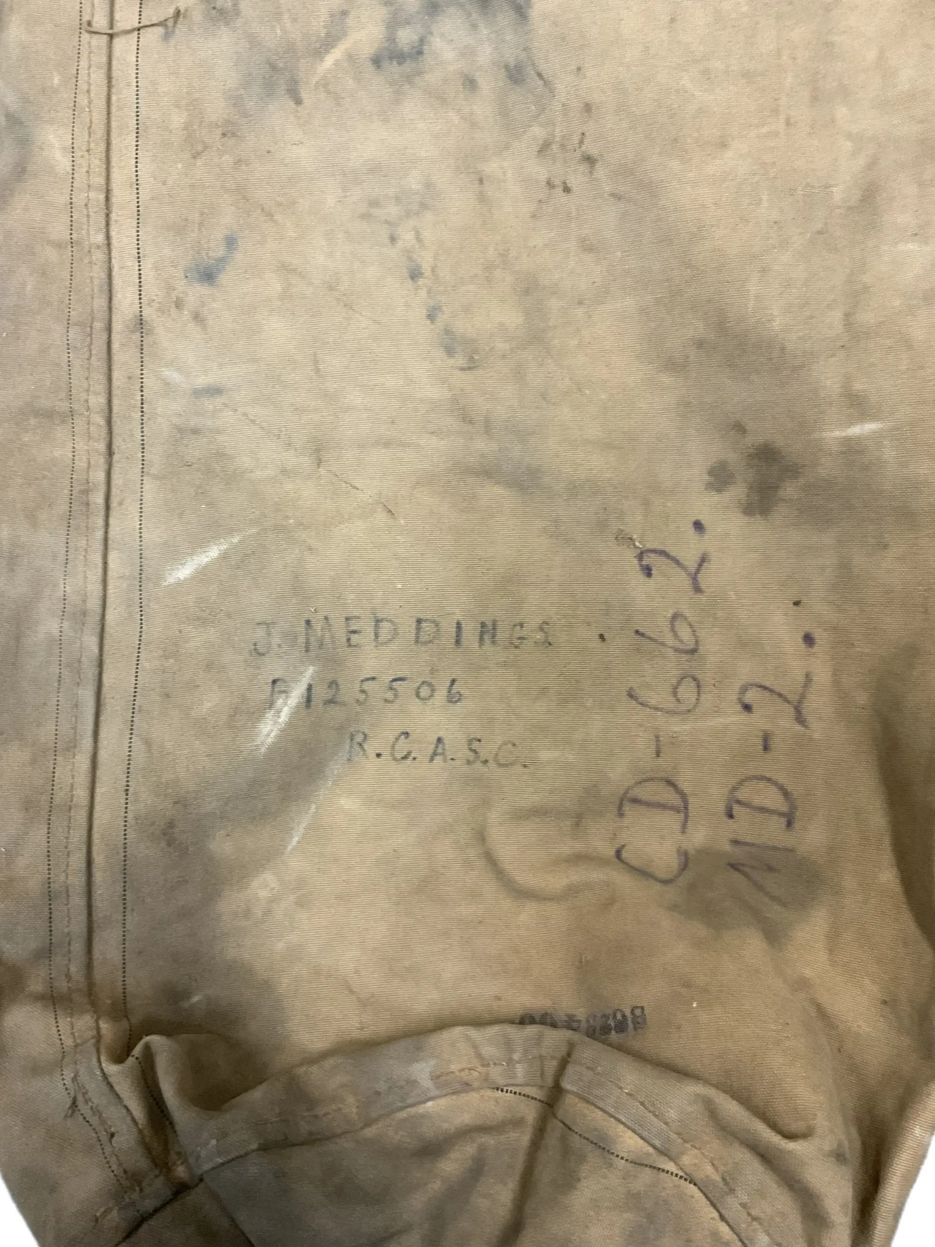 WW2 Canadian RCASC Named Khaki Duffle Bag 29" X 14" WW2 Canadian RCASC Named Khaki Duffle Bag 29" X 14"