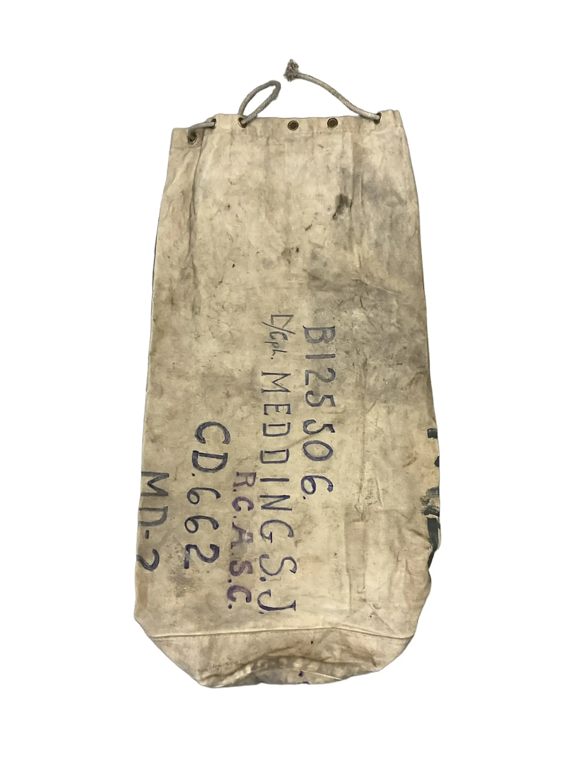 WW2 Canadian RCASC Named White Duffle Bag 32" X 17" WW2 Canadian RCASC Named White Duffle Bag 32" X 17"