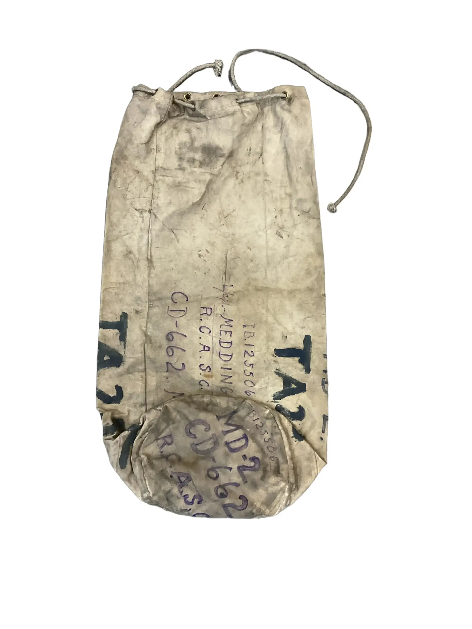 WW2 Canadian RCASC Named White Duffle Bag 32" X 17" WW2 Canadian RCASC Named White Duffle Bag 32" X 17"