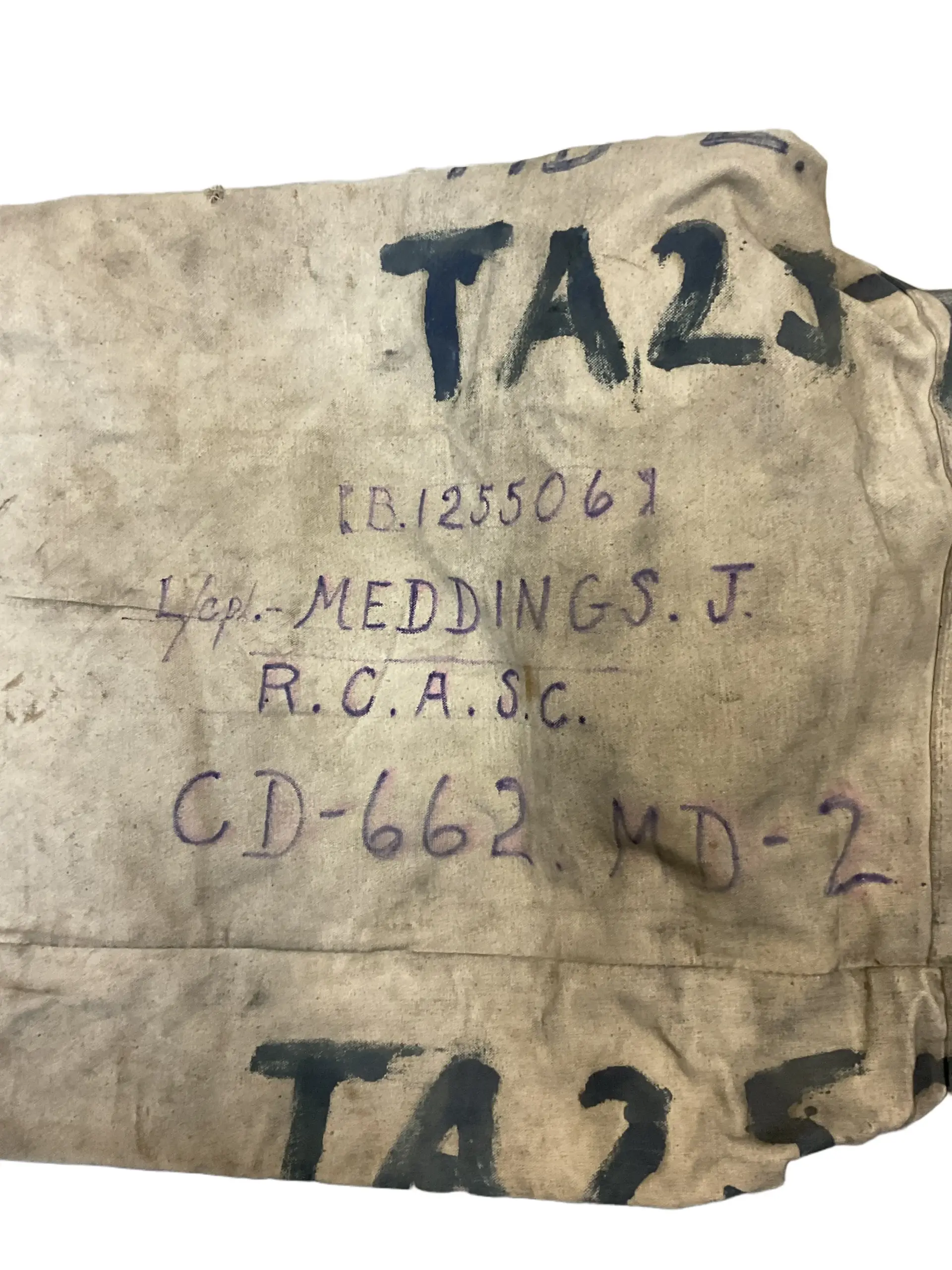 WW2 Canadian RCASC Named White Duffle Bag 32" X 17" WW2 Canadian RCASC Named White Duffle Bag 32" X 17"