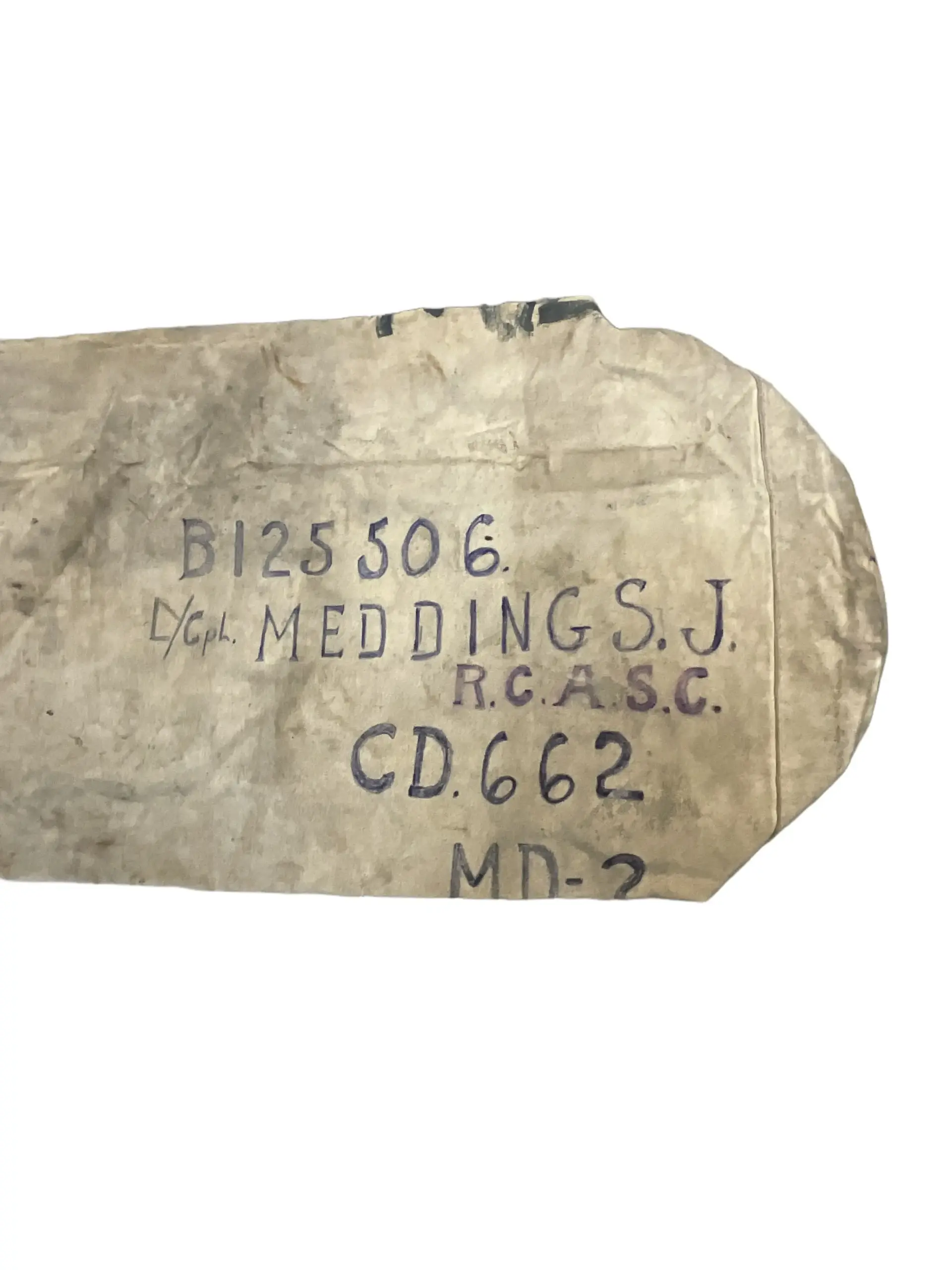 WW2 Canadian RCASC Named White Duffle Bag 32" X 17" WW2 Canadian RCASC Named White Duffle Bag 32" X 17"