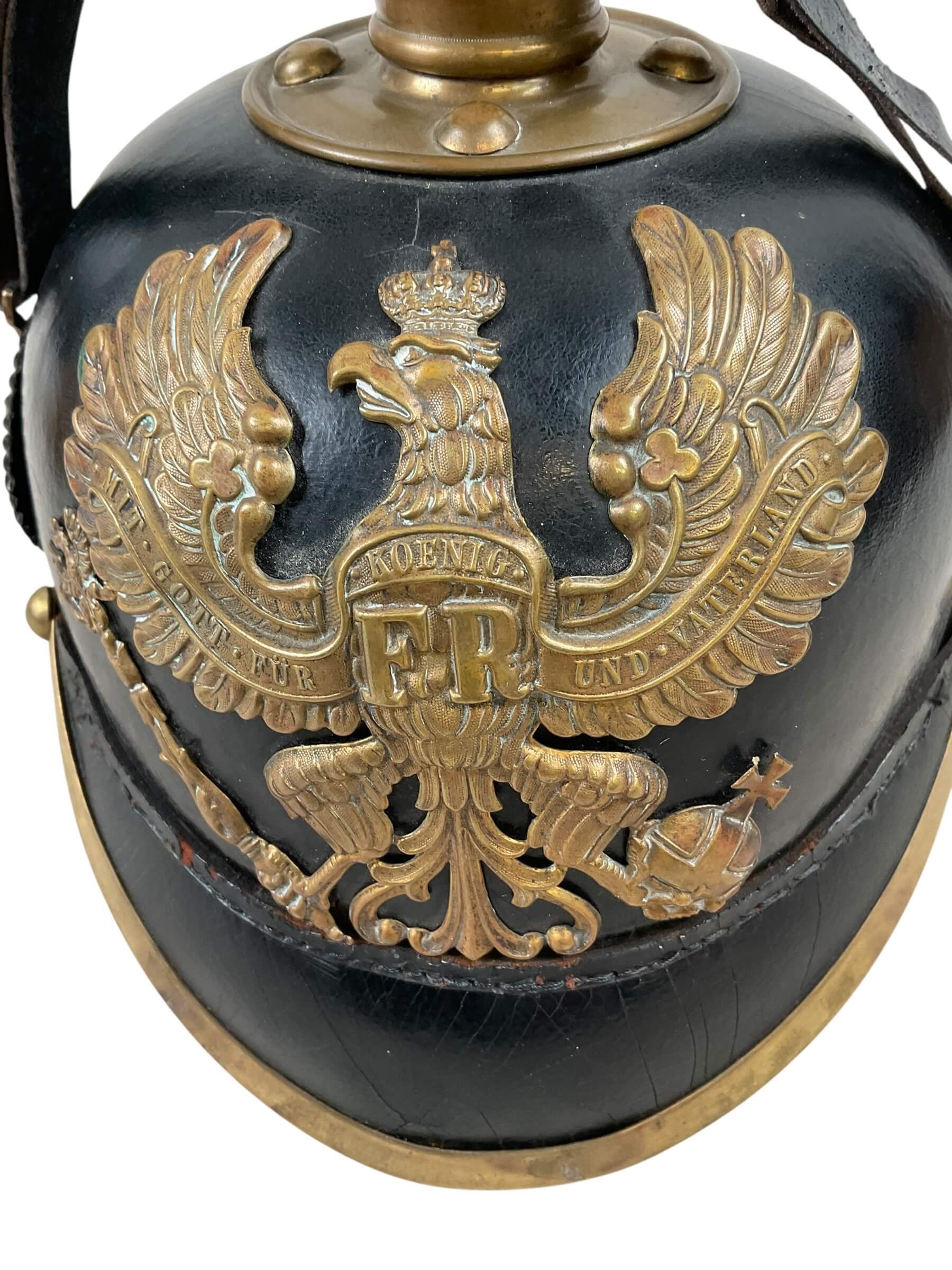 WW1 Imperial German Prussian Spiked Helmet Pickelhaube With Replaced Chin Strap Dated 1914 WW1 Imperial German Prussian Spiked Helmet Pickelhaube With Replaced Chin Strap Dated 1914