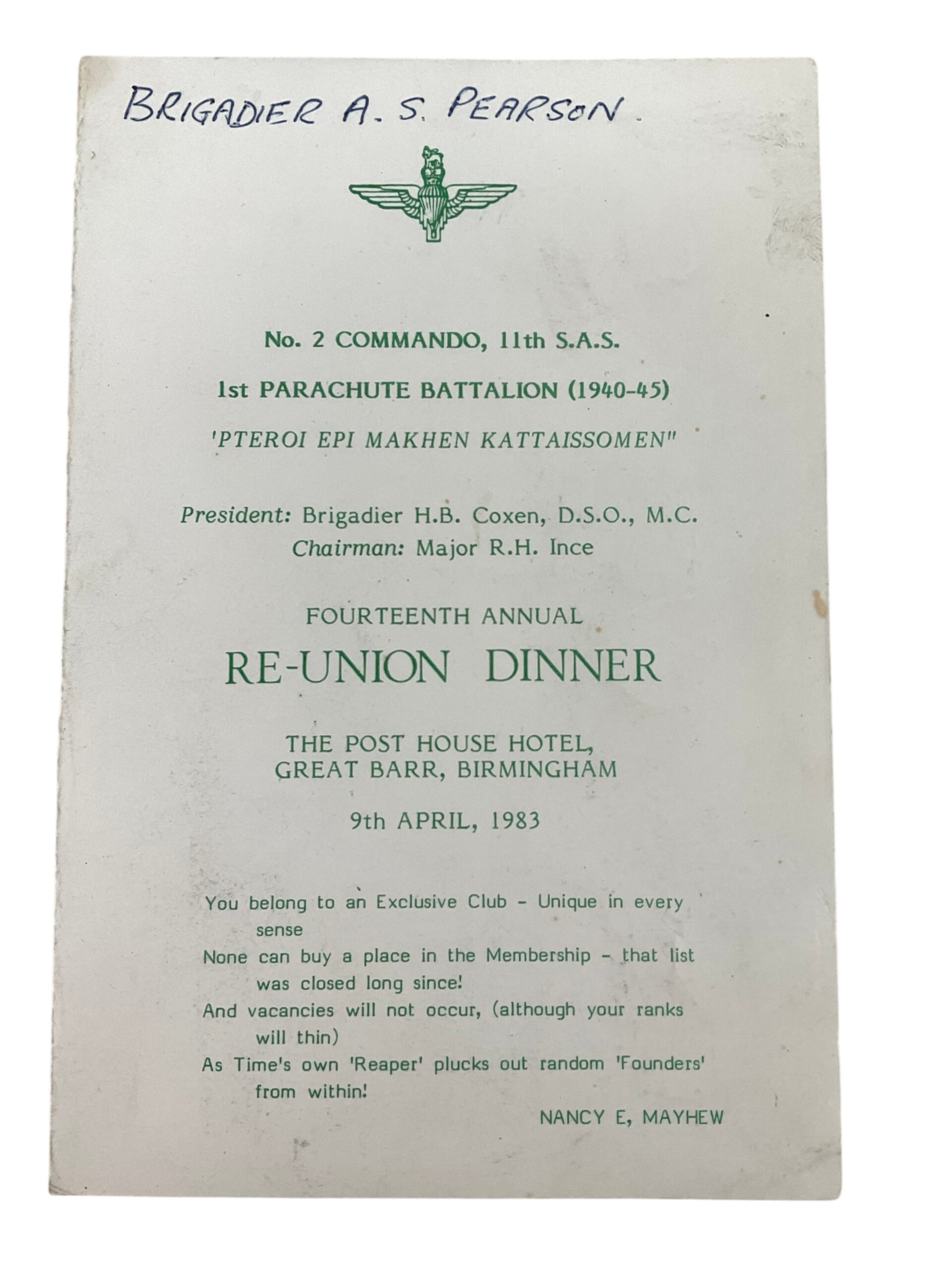 British No 2 Commando 11th SAS 1st Parachute Battalion Reunion Dinner Menu British No 2 Commando 11th SAS 1st Parachute Battalion Reunion Dinner Menu