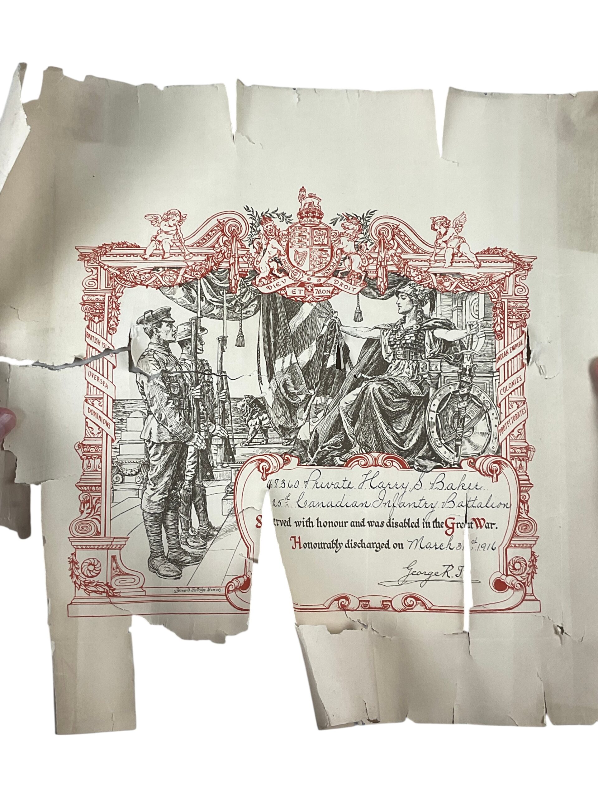 WW1 Canadian CEF 25th Battalion Discharge Certificate FRAGILE WW1 Canadian CEF 25th Battalion Discharge Certificate FRAGILE