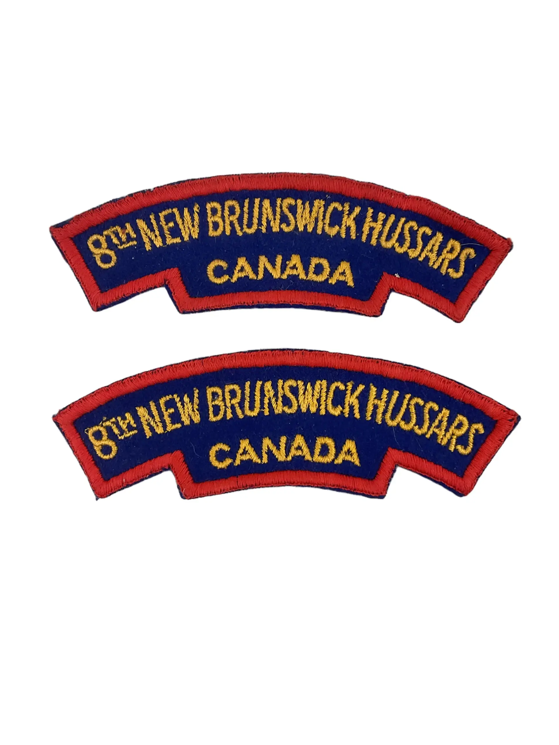 WW2 Canadian 8th New Brunswick Hussars British Made Starch Back Shoulder Titles Insignia Pair WW2 Canadian 8th New Brunswick Hussars British Made Starch Back Shoulder Titles Insignia Pair