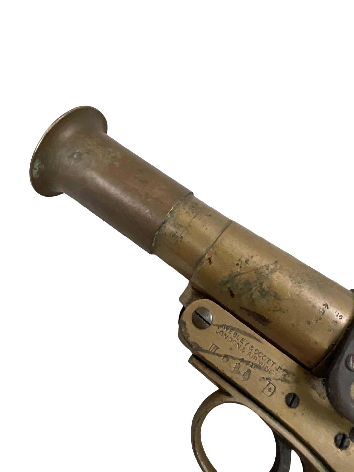 WW1 British Webley and Scott Brass Flare Pistol Dated 1918 ANTIQUE NO PERMIT REQUIRED WW1 British Webley and Scott Brass Flare Pistol Dated 1918 ANTIQUE NO PERMIT REQUIRED
