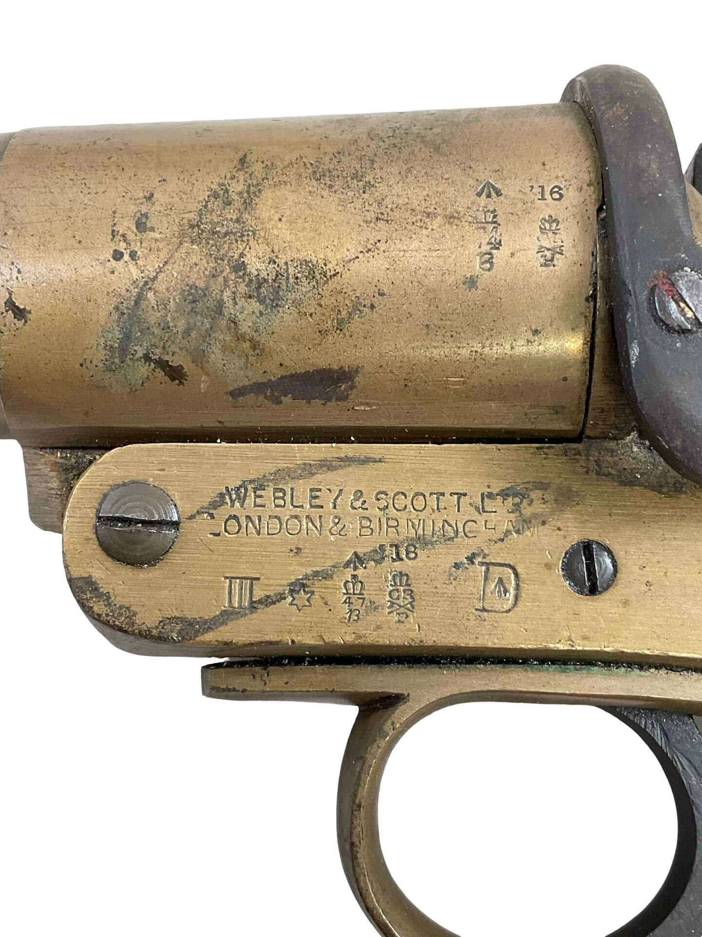 WW1 British Webley and Scott Brass Flare Pistol Dated 1918 ANTIQUE NO PERMIT REQUIRED WW1 British Webley and Scott Brass Flare Pistol Dated 1918 ANTIQUE NO PERMIT REQUIRED