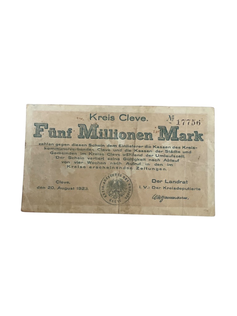 German 5 Million Mark Notgeld Emergency Money Banknote Dated 1923 German 5 Million Mark Notgeld Emergency Money Banknote Dated 1923