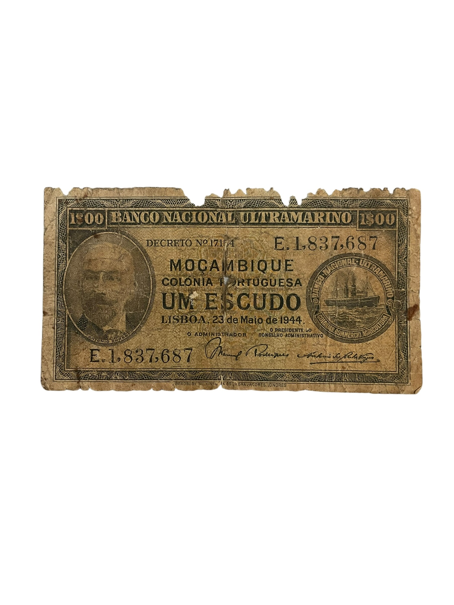 WW2 Mozambique Portuguese Colony 1 Escudo Banknote Dated 1944 WW2 Mozambique Portuguese Colony 1 Escudo Banknote Dated 1944