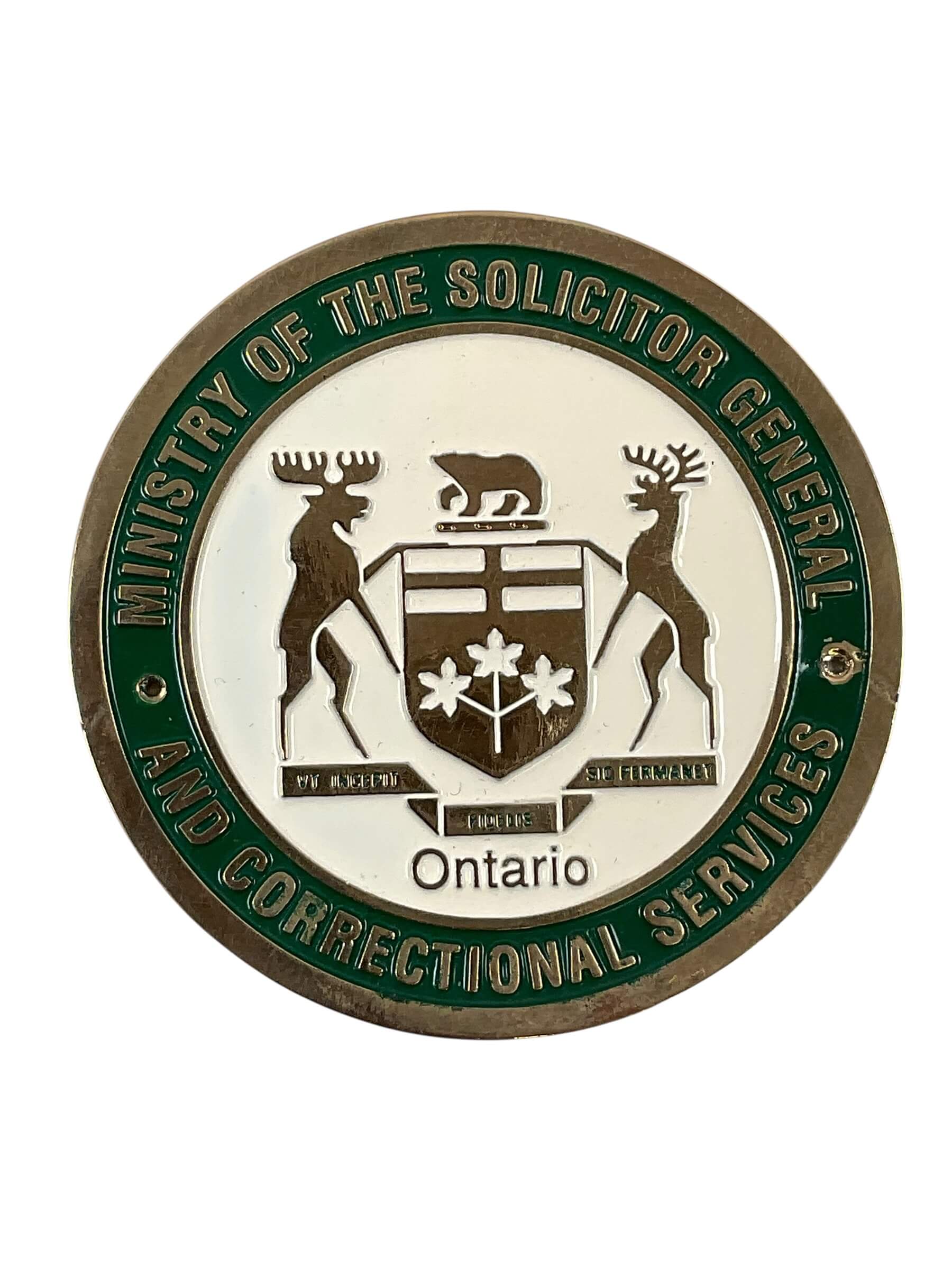 Canadian Ministry of the Solicitor General and Correctional Services Ontario Door Plaque 3 1/2" Canadian Ministry of the Solicitor General and Correctional Services Ontario Door Plaque 3 1/2"