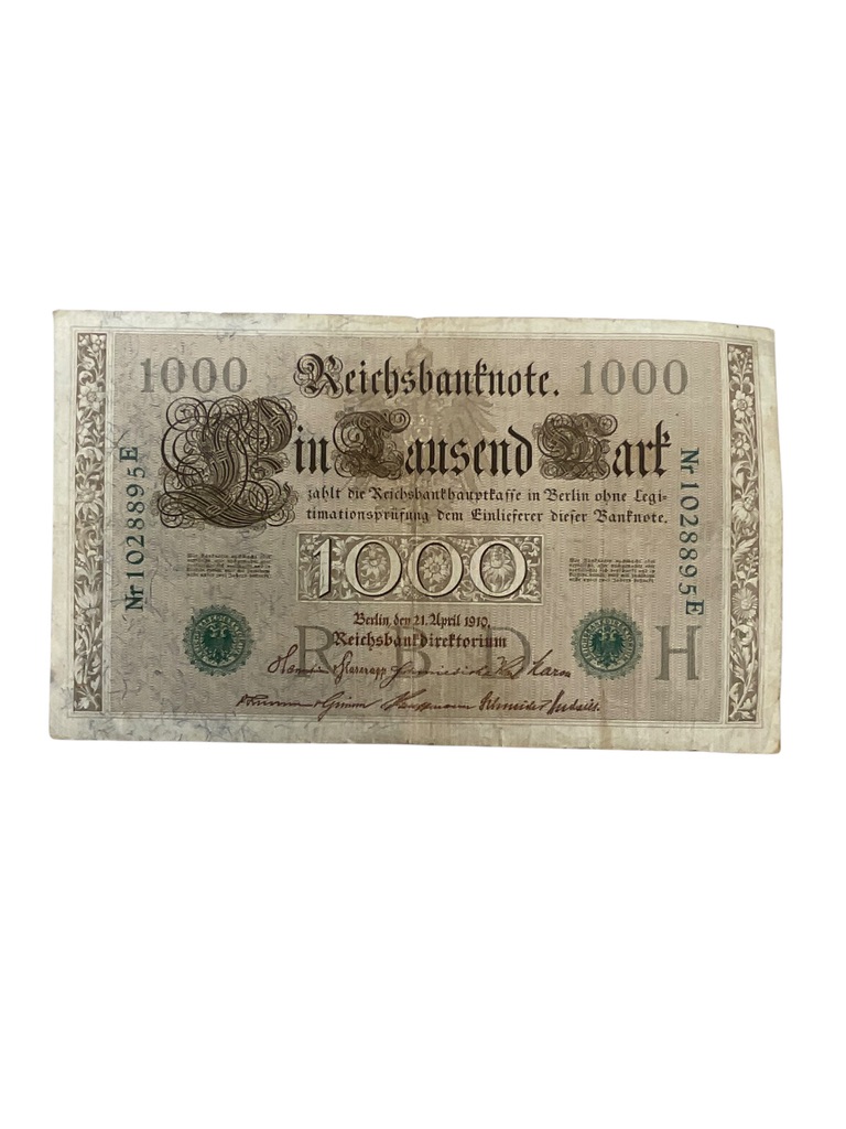 WW1 Imperial German 1000 Mark Reichs Banknote Dated 1910 WW1 Imperial German 1000 Mark Reichs Banknote Dated 1910