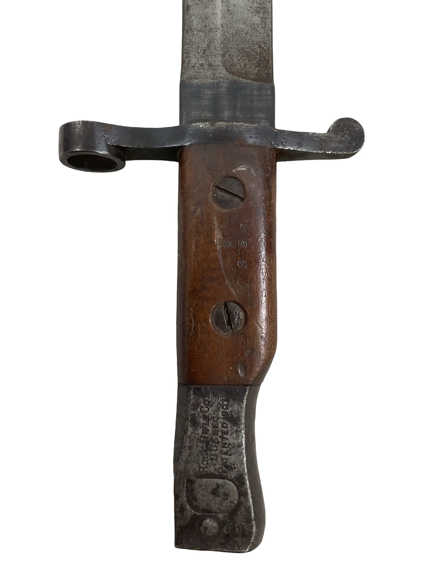 WW1 Canadian CEF Ross Rifle Butcher Bayonet With Leather Scabbard Dated 1907 WW1 Canadian CEF Ross Rifle Butcher Bayonet With Leather Scabbard Dated 1907