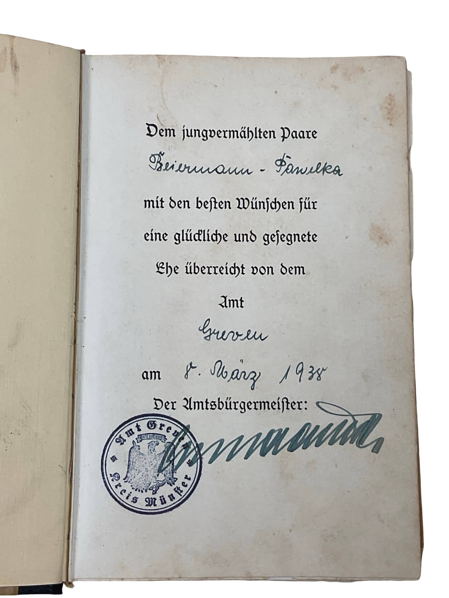WW2 German Mein Kampf Signed Wedding Edition Dated 1938 Munster Used Hardcover Reference Book WW2 German Mein Kampf Signed Wedding Edition Dated 1938 Munster Used Hardcover Reference Book