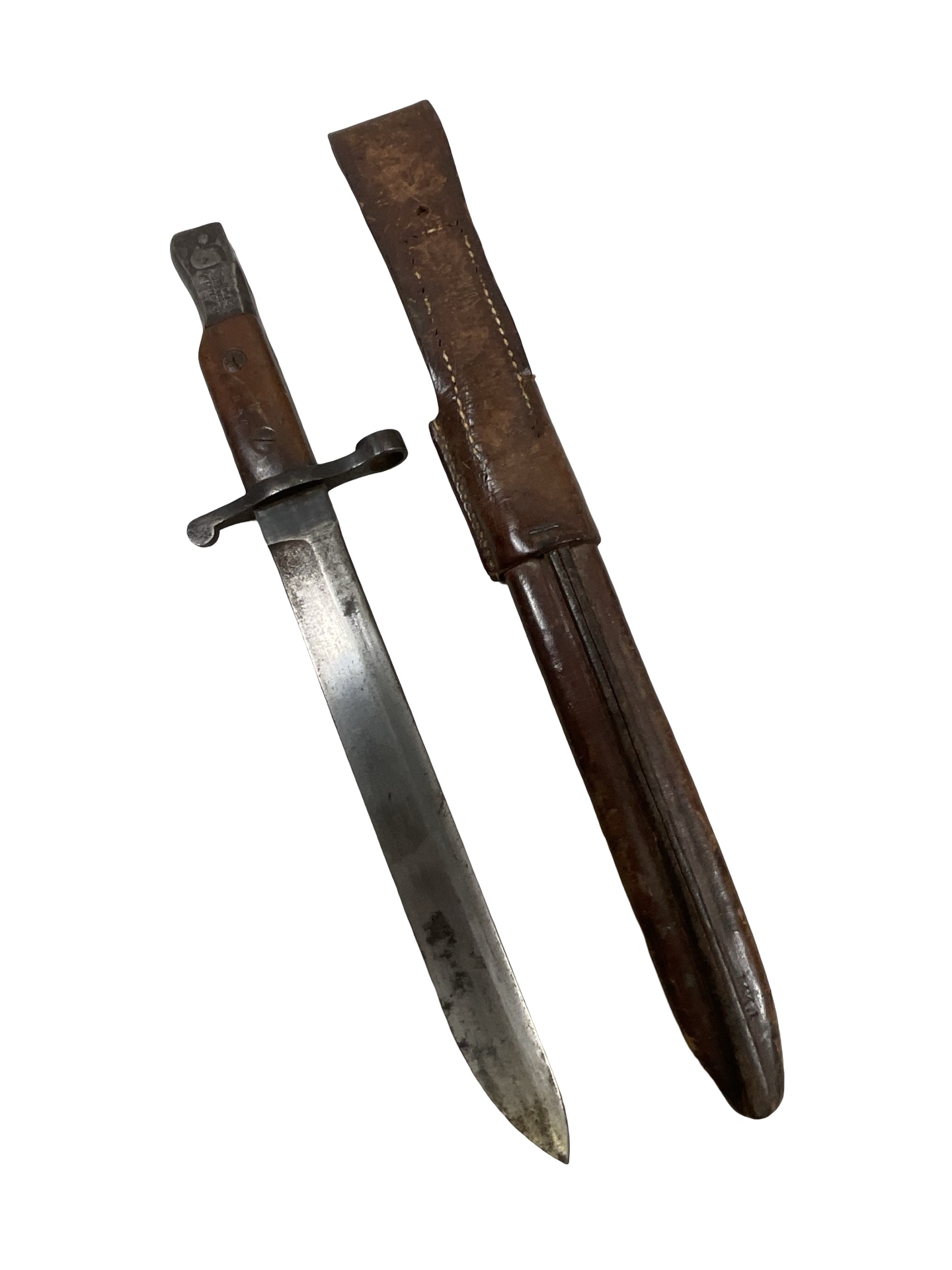 WW1 Canadian CEF Ross Rifle Butcher Bayonet With Leather Scabbard Dated 1907 WW1 Canadian CEF Ross Rifle Butcher Bayonet With Leather Scabbard Dated 1907
