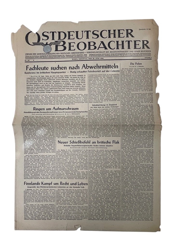 WW2 German Ostdeutscher Beobachte Propaganda Newspaper Dated June 20 1944 WW2 German Ostdeutscher Beobachte Propaganda Newspaper Dated June 20 1944