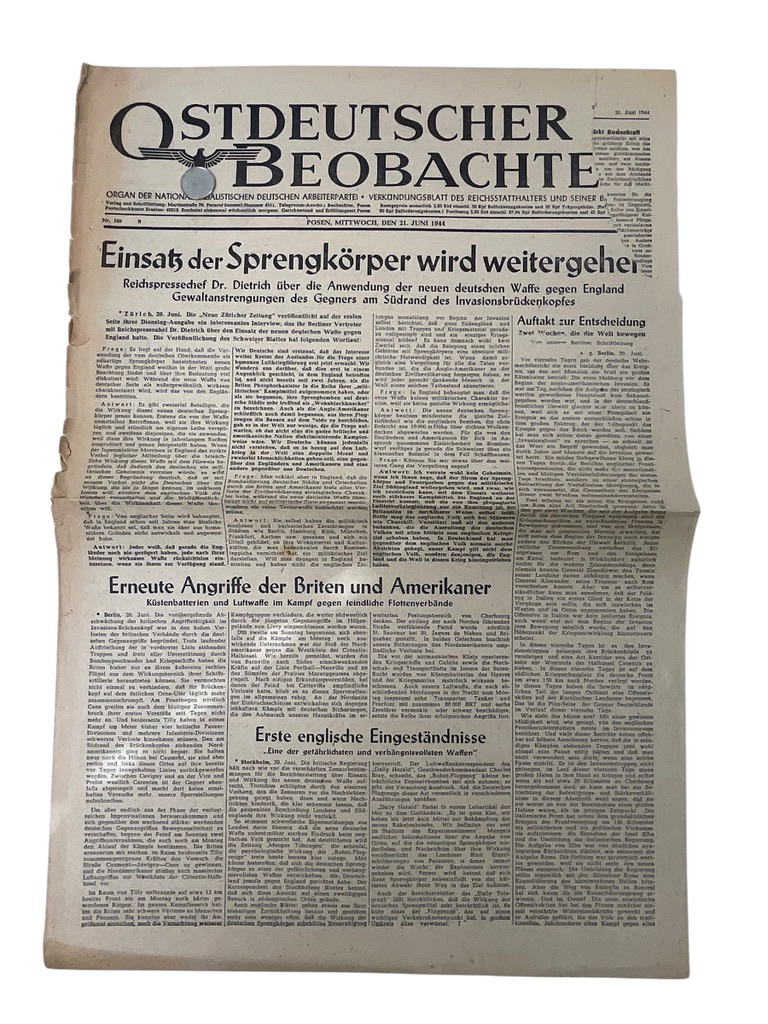 WW2 German Ostdeutscher Beobachte Propaganda Newspaper Dated June 21 1944 WW2 German Ostdeutscher Beobachte Propaganda Newspaper Dated June 21 1944