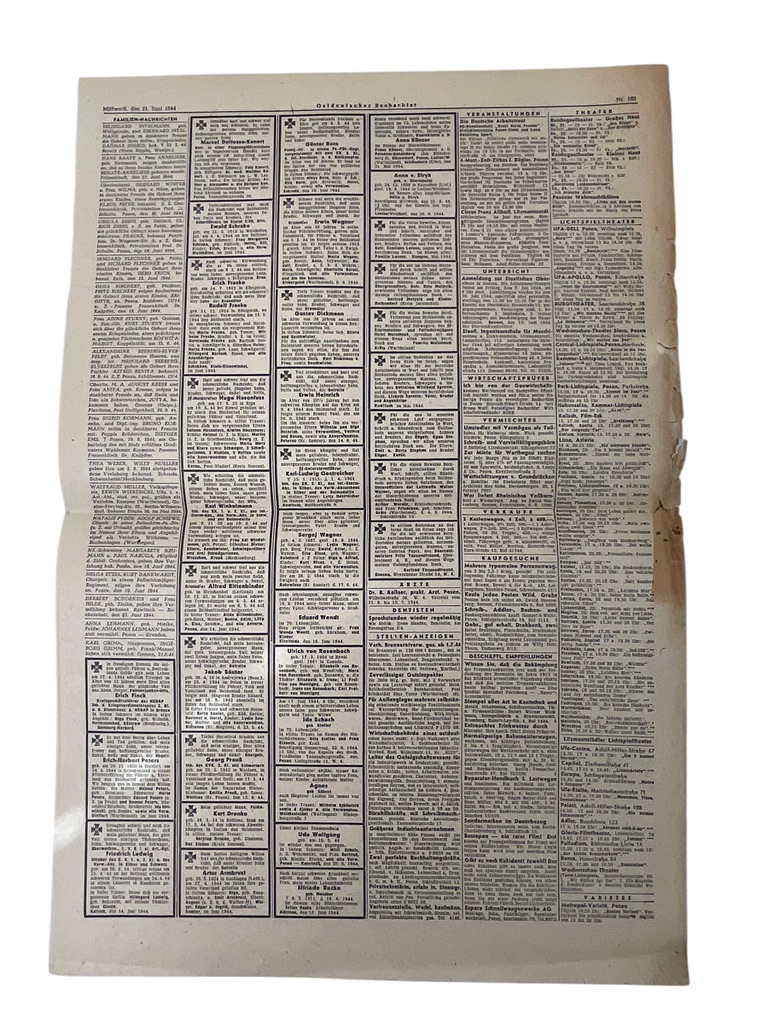 WW2 German Ostdeutscher Beobachte Propaganda Newspaper Dated June 21 1944 WW2 German Ostdeutscher Beobachte Propaganda Newspaper Dated June 21 1944