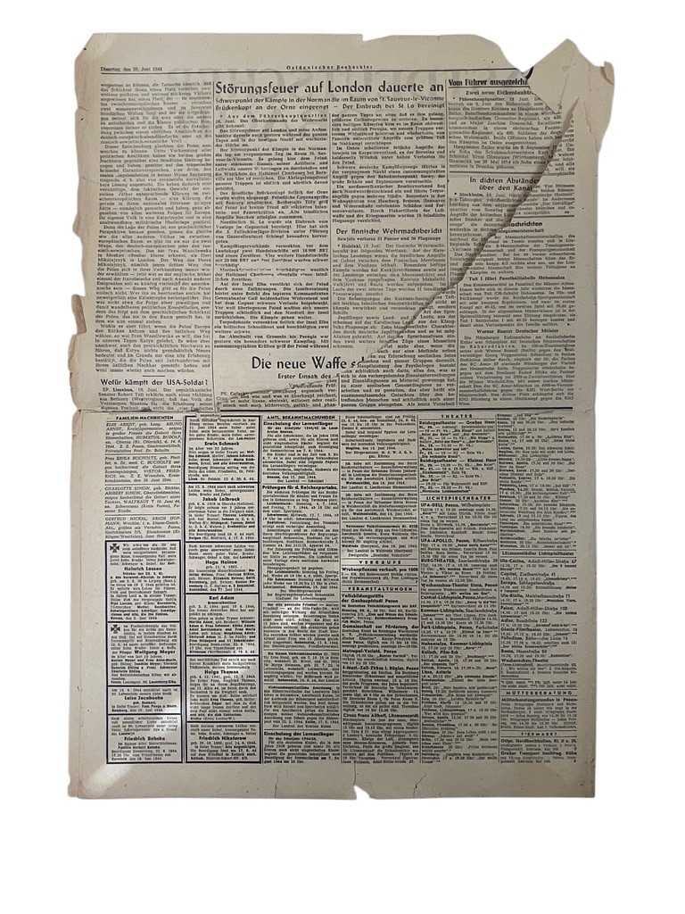 WW2 German Ostdeutscher Beobachte Propaganda Newspaper Dated June 20 1944 WW2 German Ostdeutscher Beobachte Propaganda Newspaper Dated June 20 1944