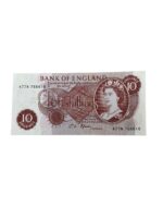 British Bank of England Ten Shillings Banknote 1960 Era