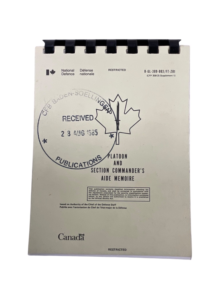 Canadian Forces Platoon and Section Commander's Aide Memoire Used Softcover Reference Book Canadian Forces Platoon and Section Commander's Aide Memoire Used Softcover Reference Book